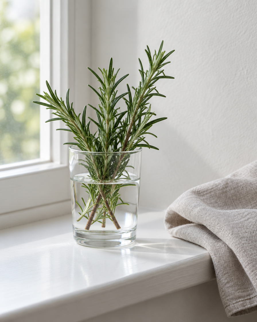 Rosemary sprigs in a glass of water on a windowsill