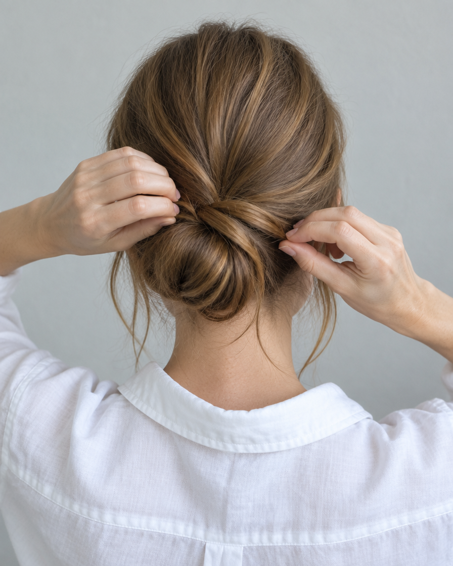 A woman tying her hair into a low bun