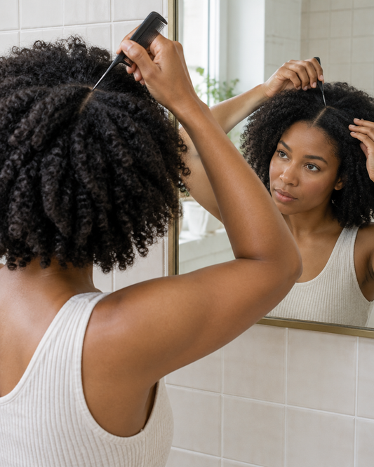 A woman parting her hair with a comb in front of a mirror