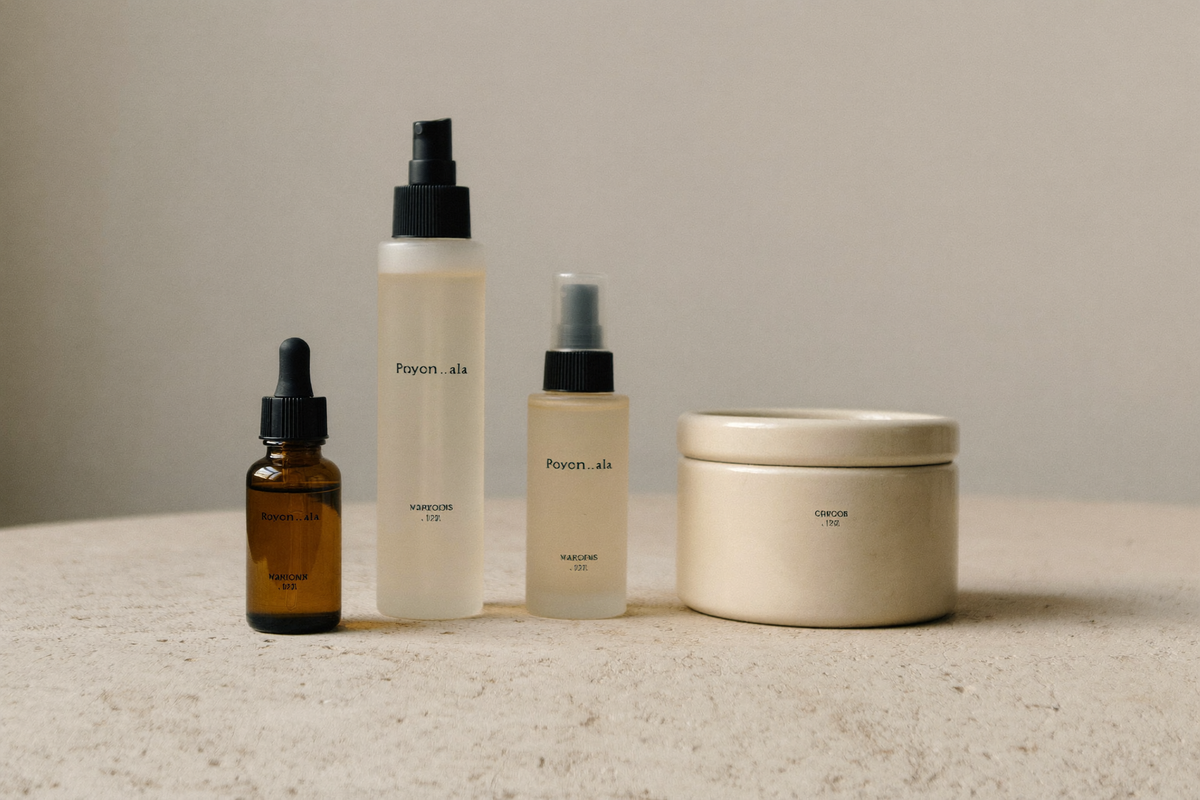 Four cosmetic vessels in a row: dropper bottle, pump bottle, mist spray and ceramic tub