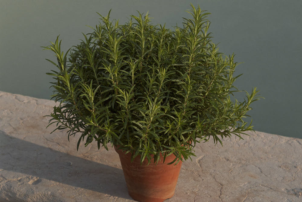 A rosemary plant in full leaf in a terracotta pot, lit by low morning sun