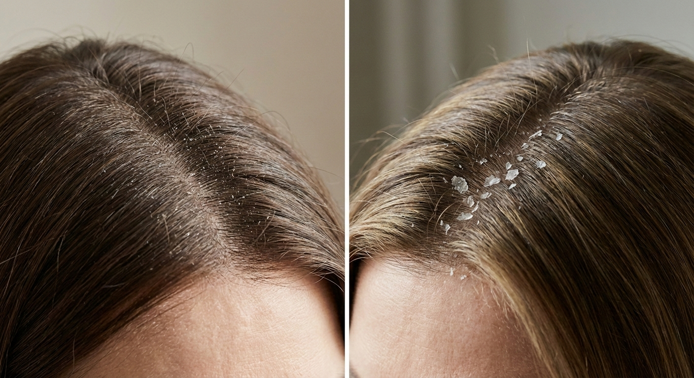 Side by side comparison of fine dry flakes versus dandruff style scalp flaking on adult women