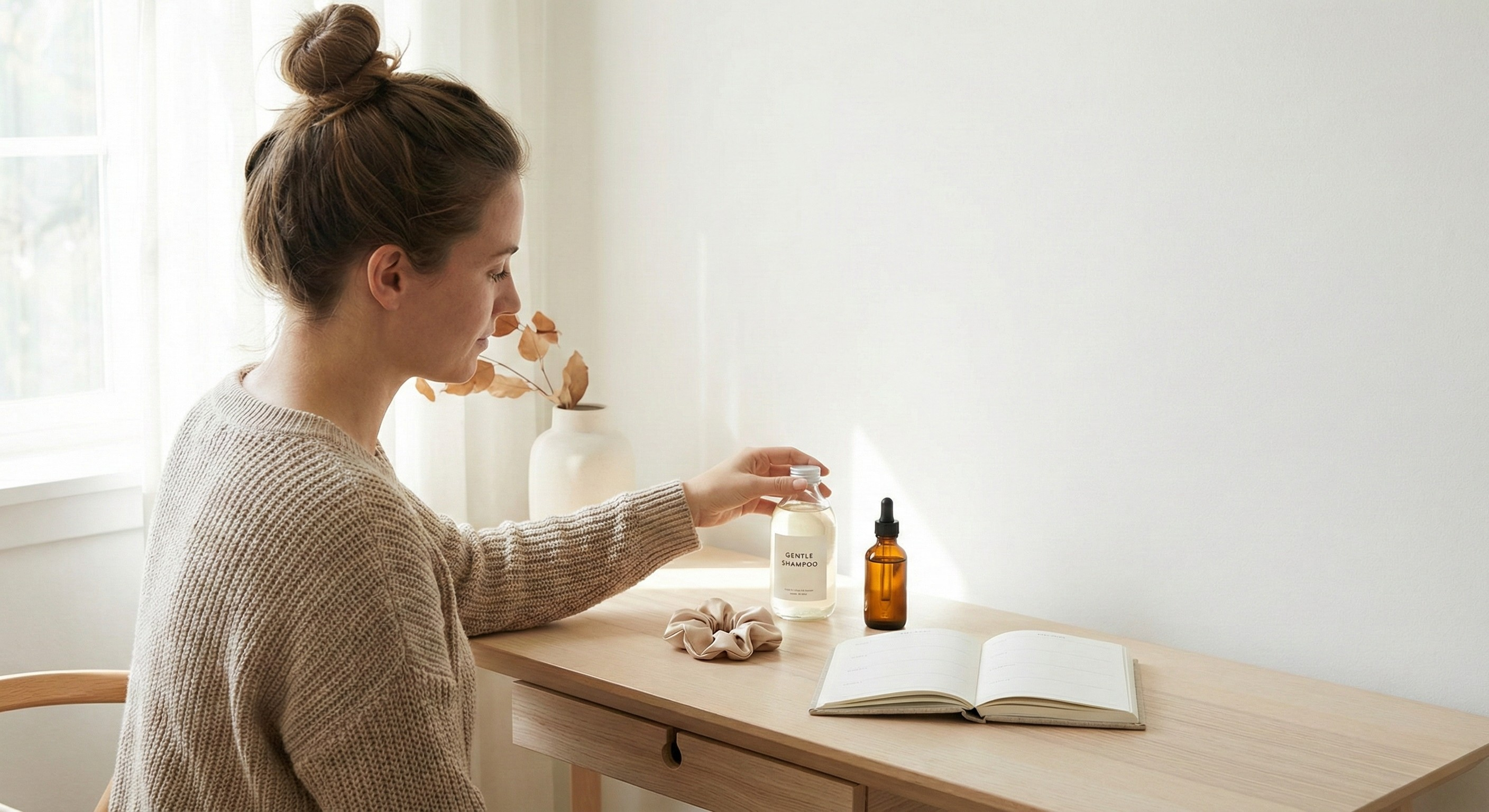 Woman organizing a simple scalp routine with serum and gentle products for hair loss solutions