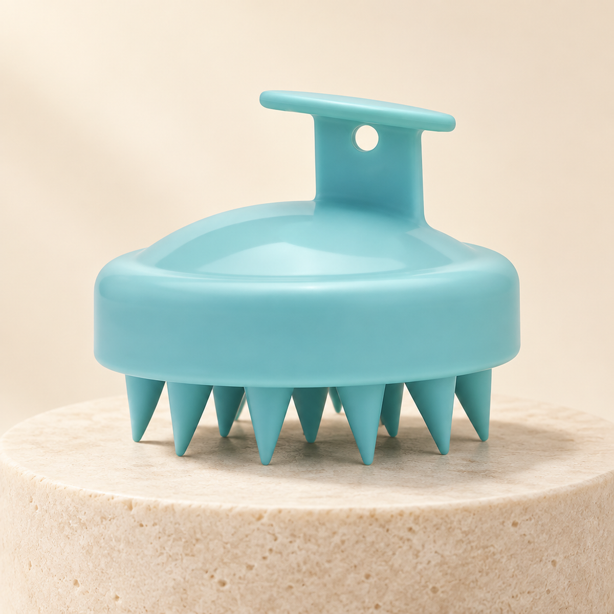 The Eloura Serum Applicator, a soft silicone scalp massager, on a stone plinth