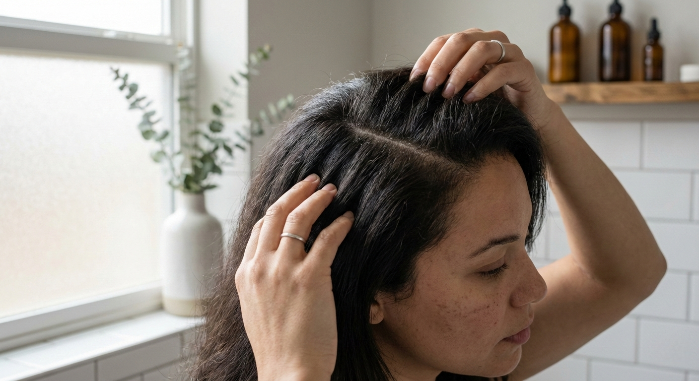 Adult woman parting hair to inspect mild dry scalp at the part line in natural bathroom light