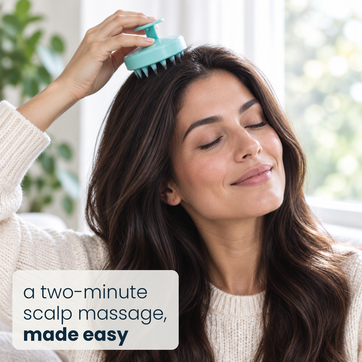 A woman giving herself a two-minute scalp massage with the Serum Applicator