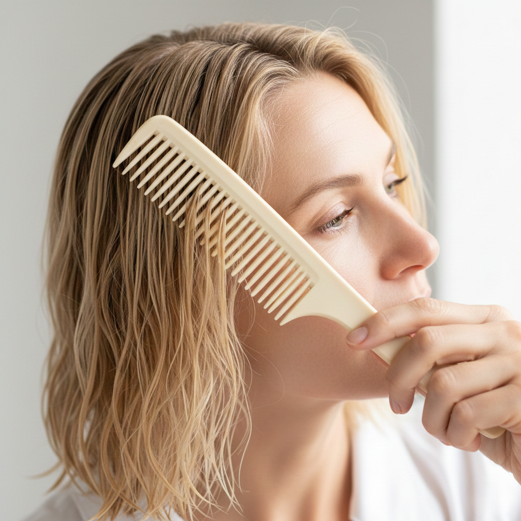 Adult woman gently detangling damp hair to reduce breakage during a dry scalp phase