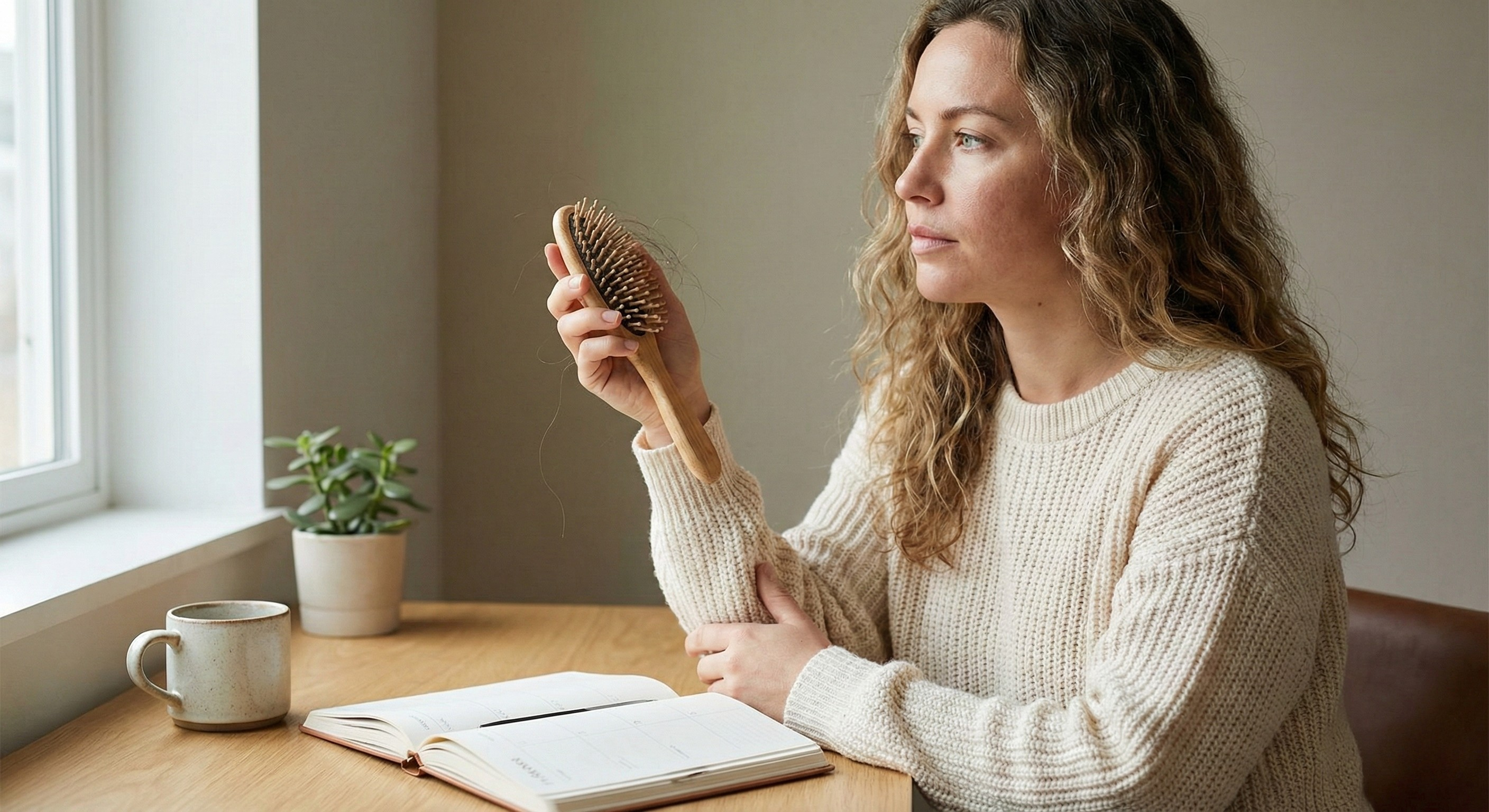 Woman holding a hairbrush with a small amount of shed hair during a stressful period