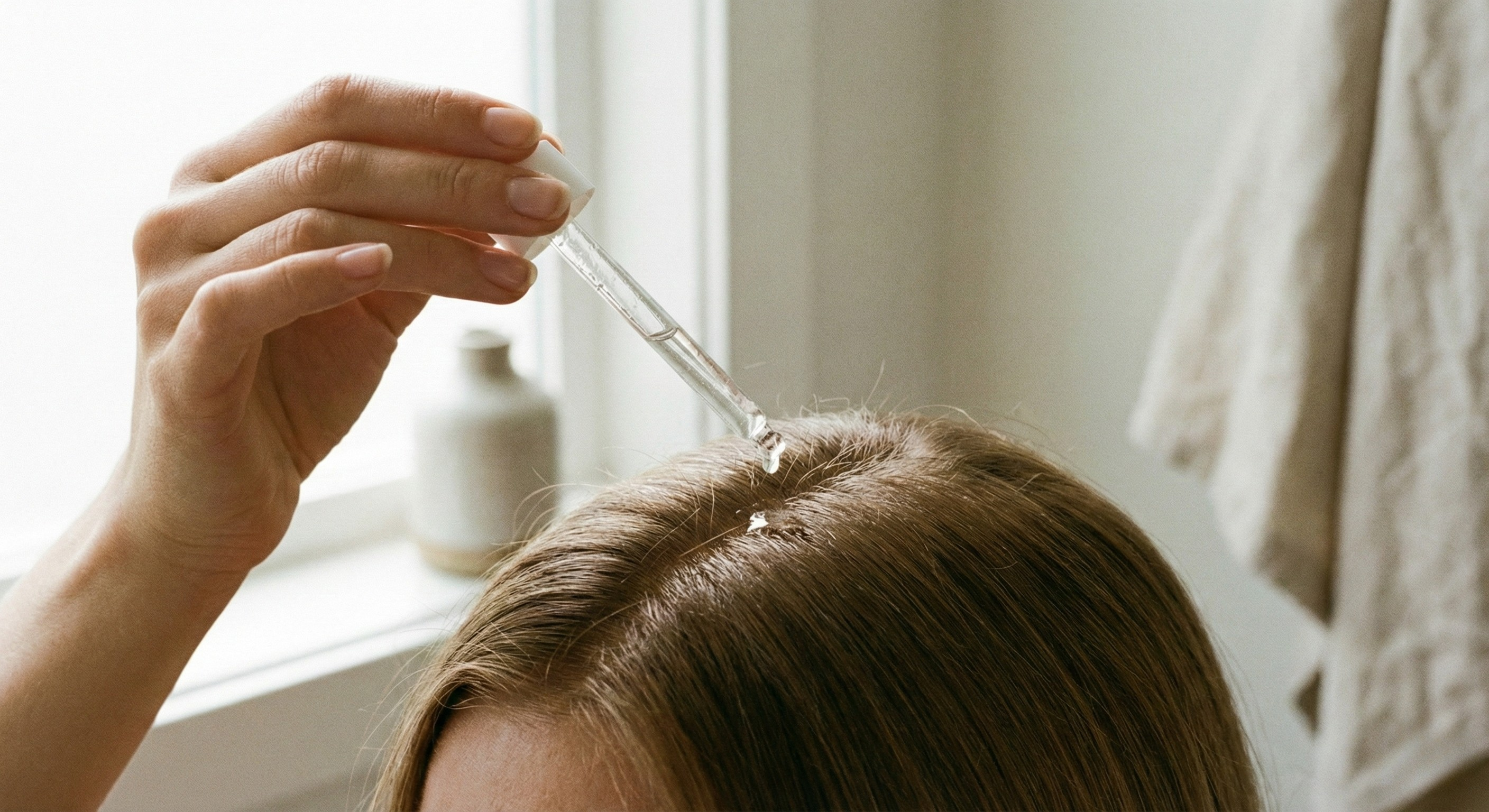 Lightweight scalp serum being applied directly to the scalp, demonstrating how scalp-first hair growth products are used.
