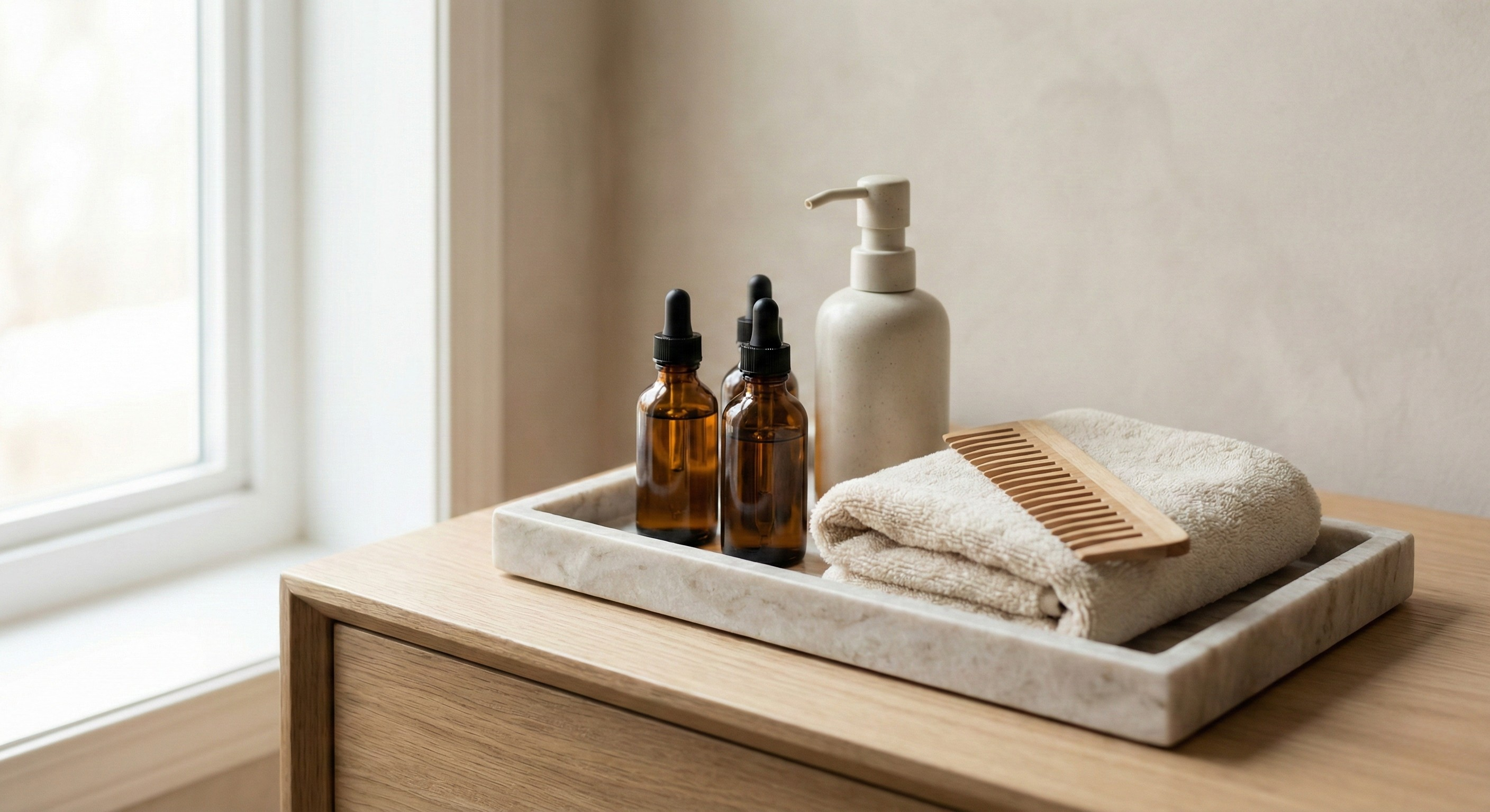 Minimal vanity tray with gentle shampoo, serum dropper, microfiber towel, and wide tooth comb for a shedding routine