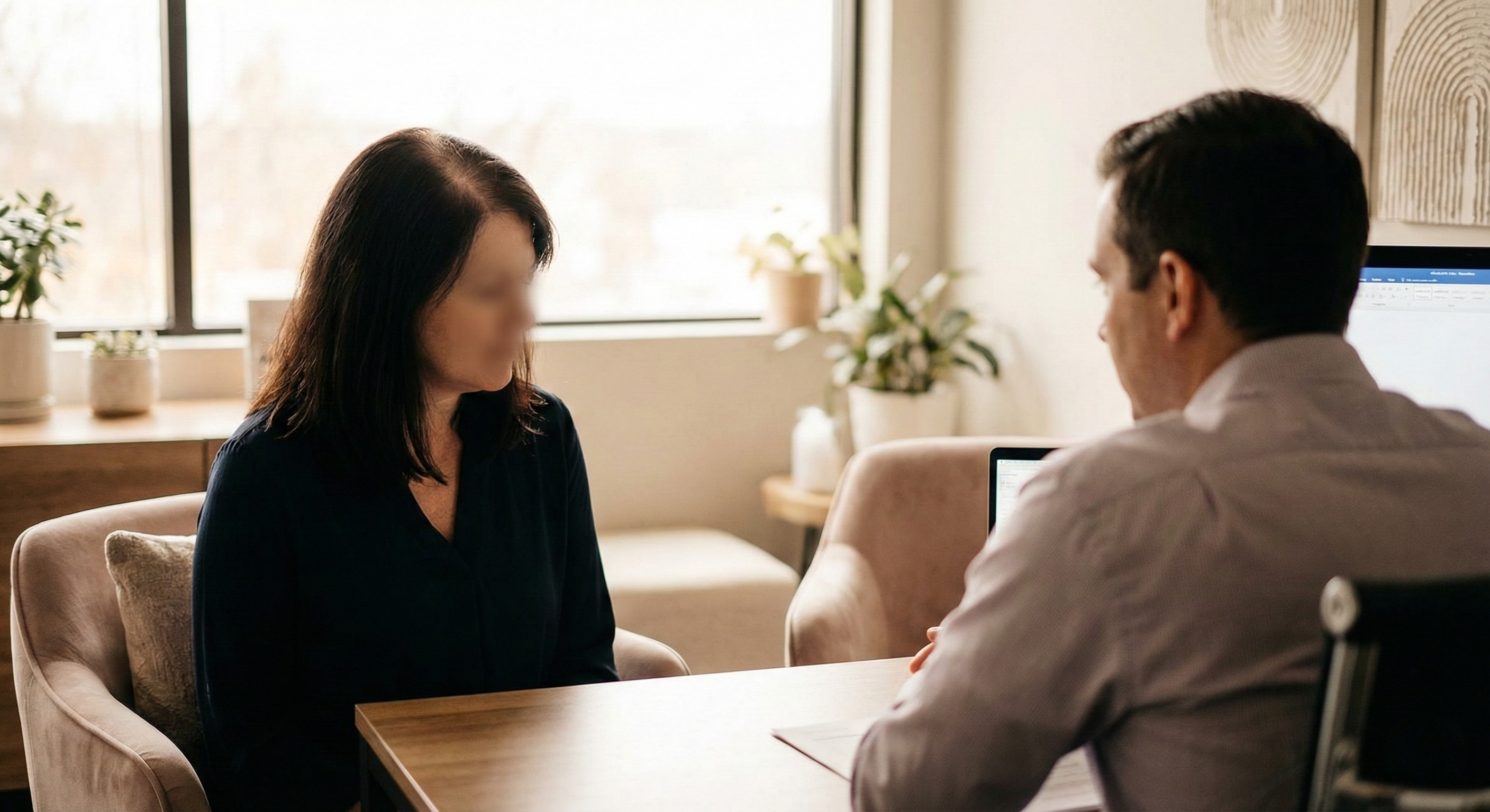 Woman speaking with clinician in consultation room about hair thinning treatment and pattern hair loss