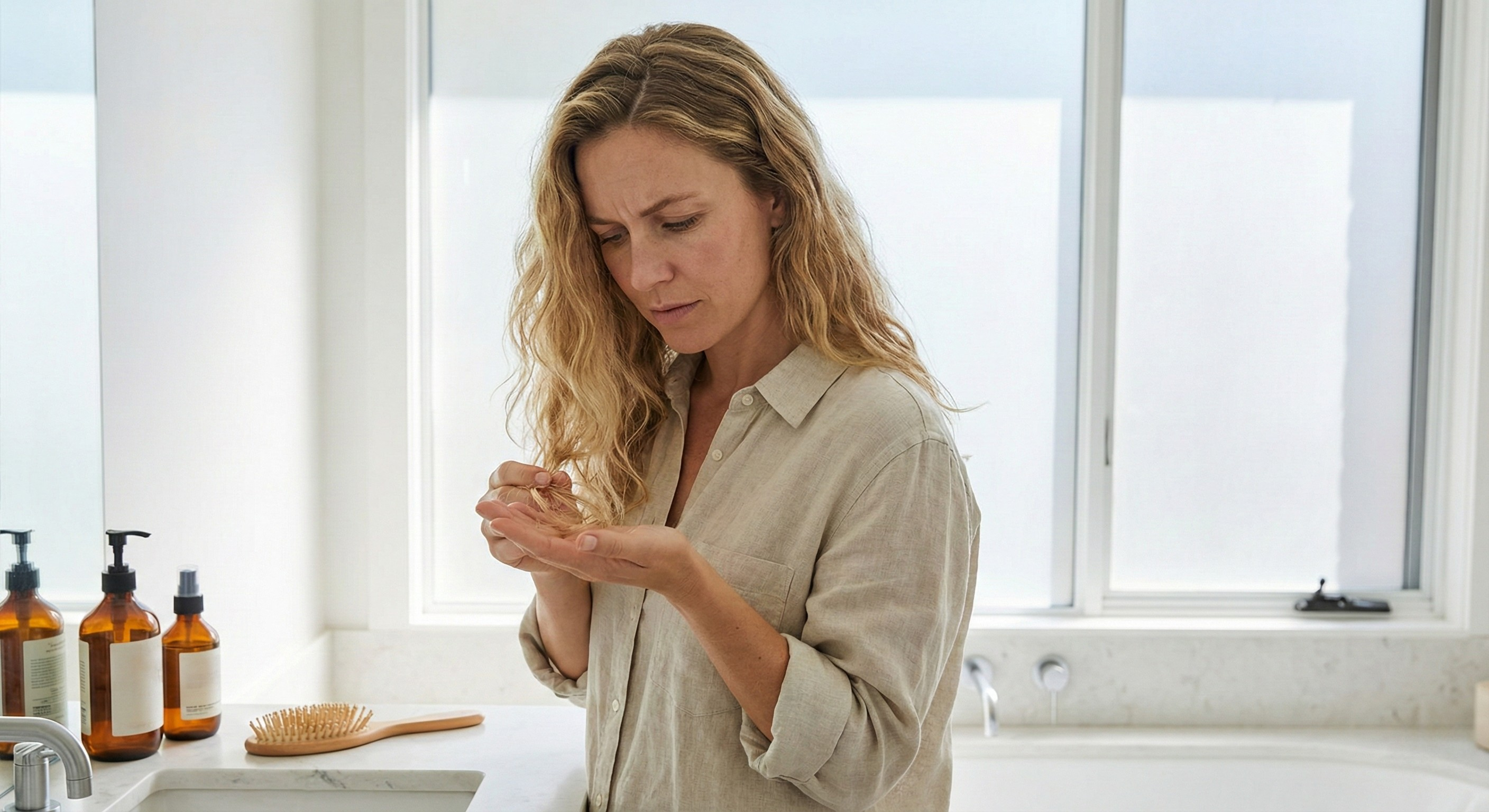 Adult woman holding shed hair after brushing in a bright bathroom, concerned about increased shedding