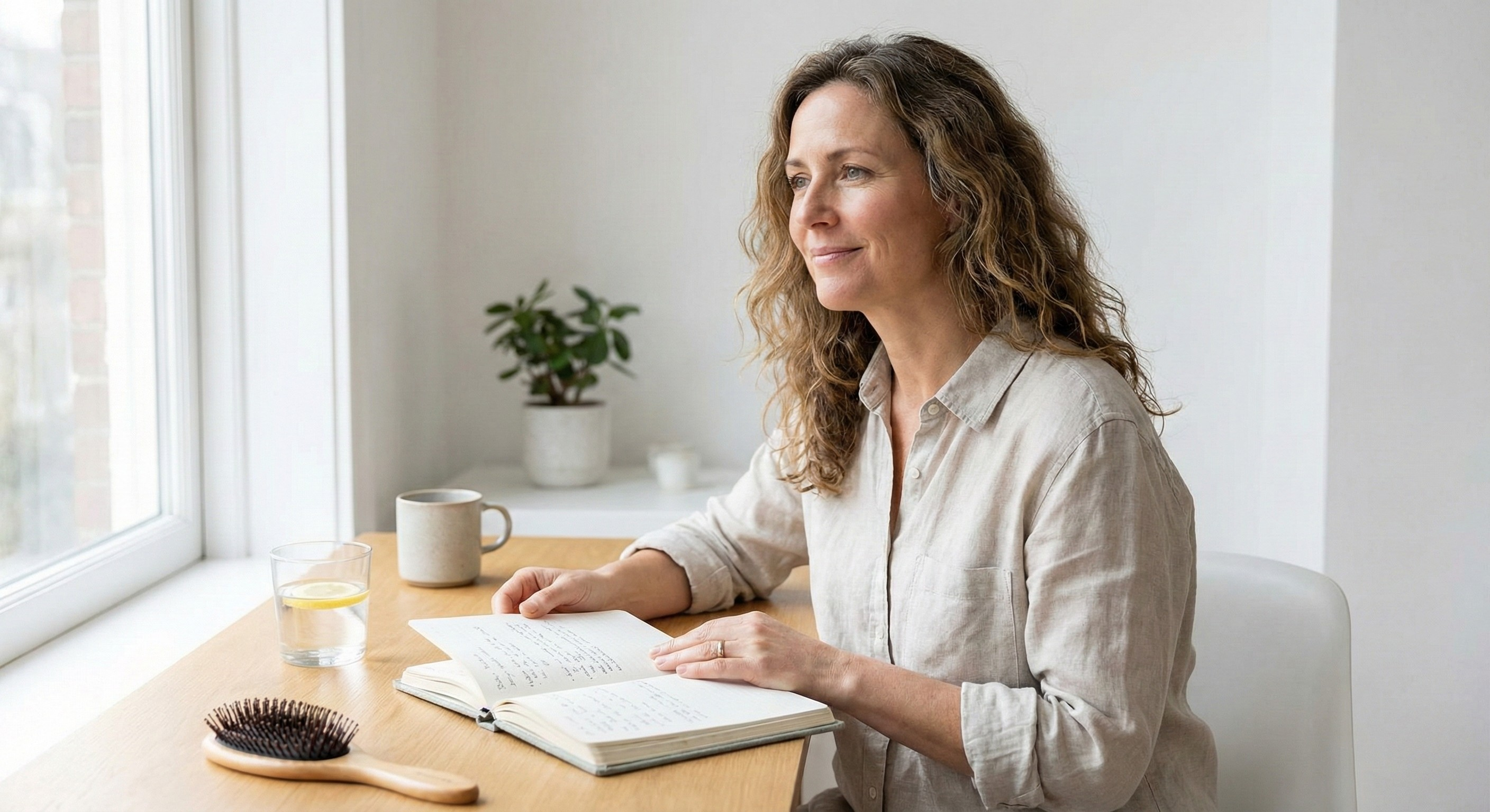 Woman journaling hair shedding and routine triggers at a bright desk
