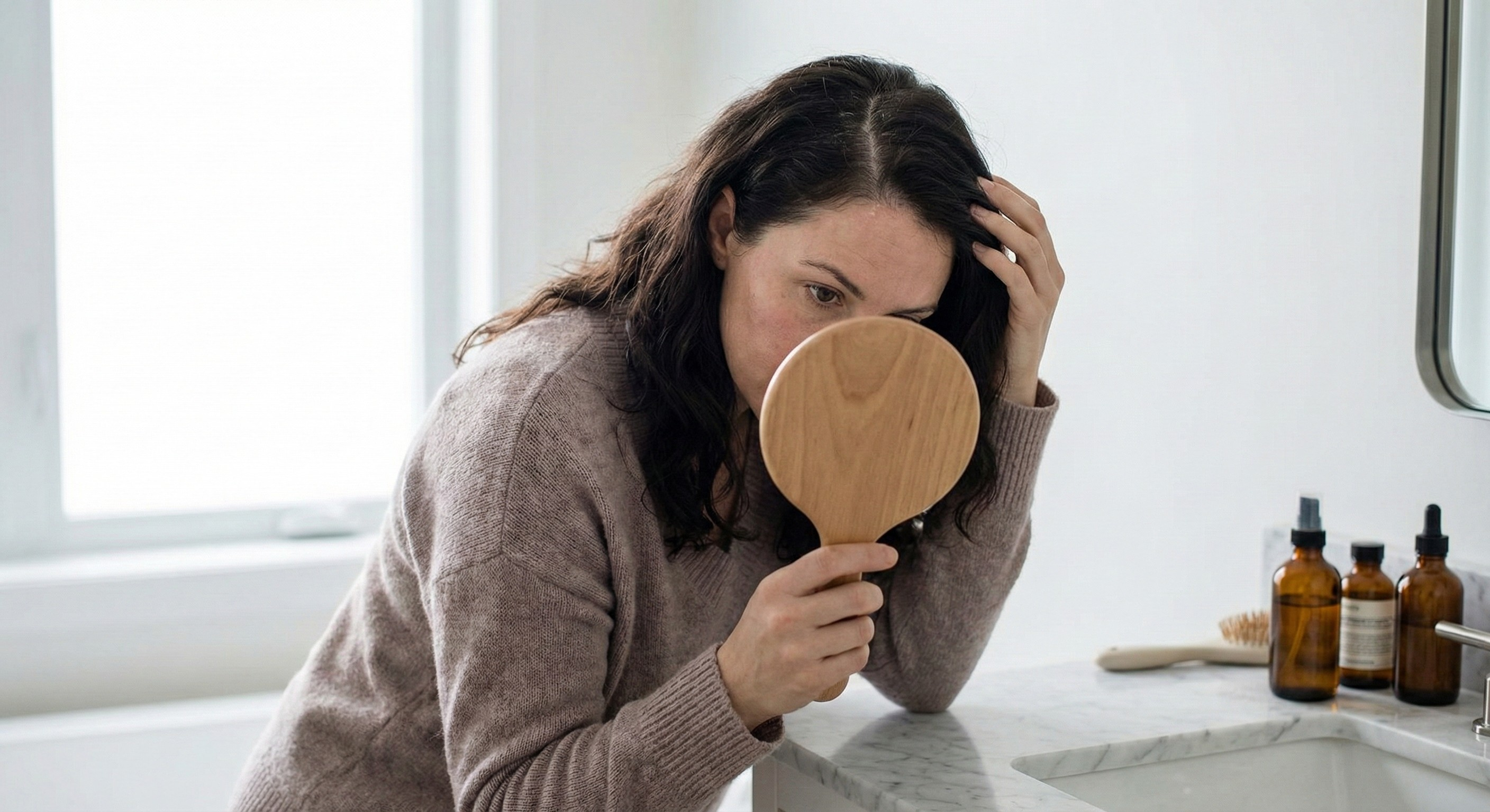 Woman checking hairline and crown for mild thinning and dry scalp in natural bathroom light