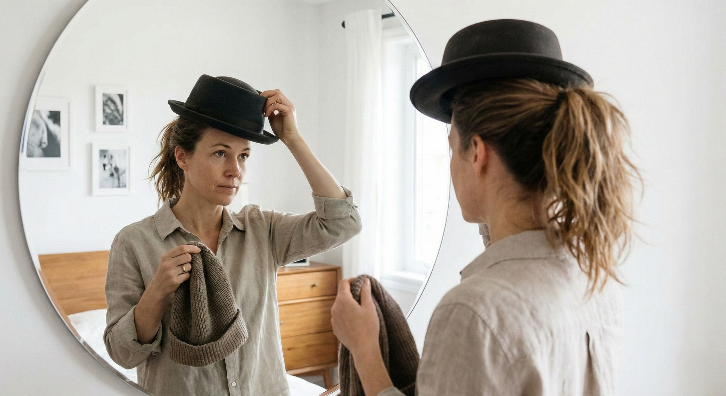 Woman comparing a tight cap versus a looser cap for hairline comfort