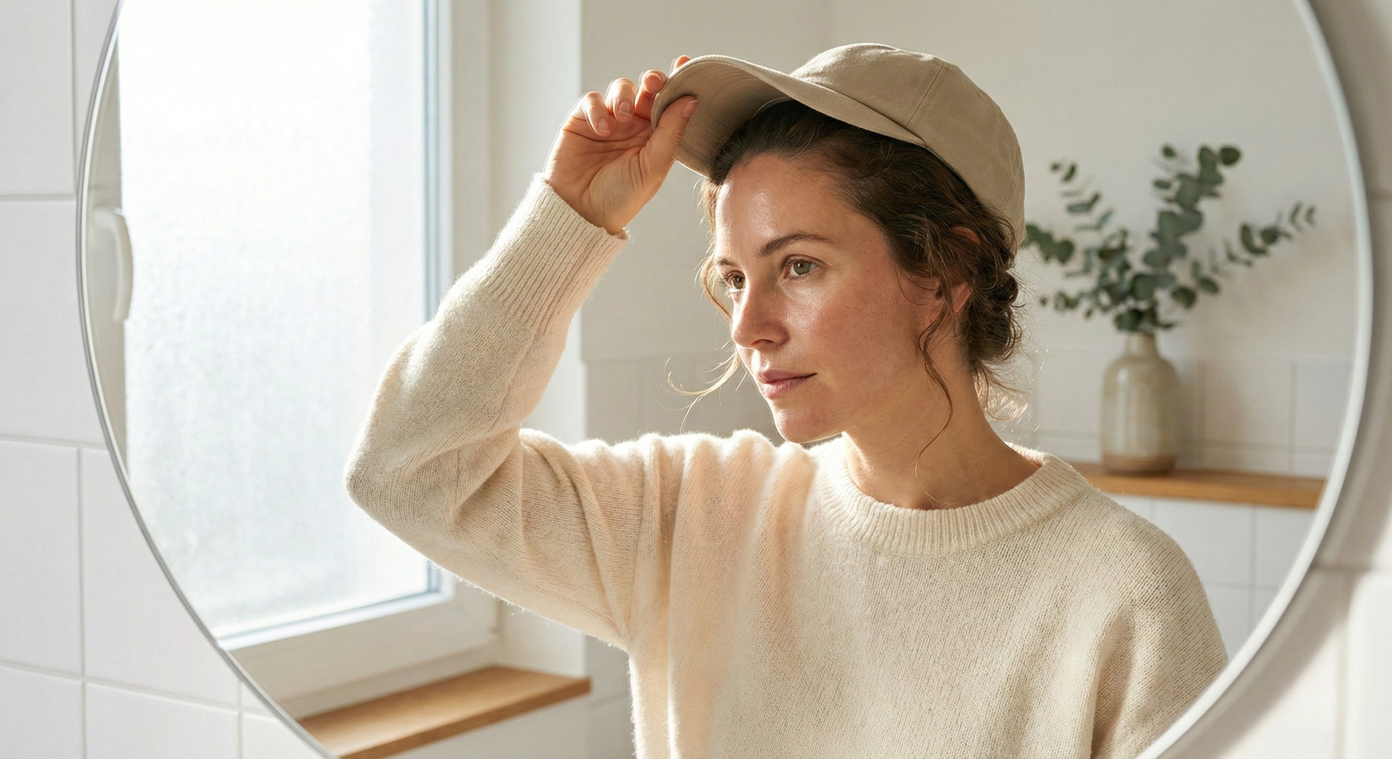 Woman removing a baseball cap while checking her hairline in a mirror