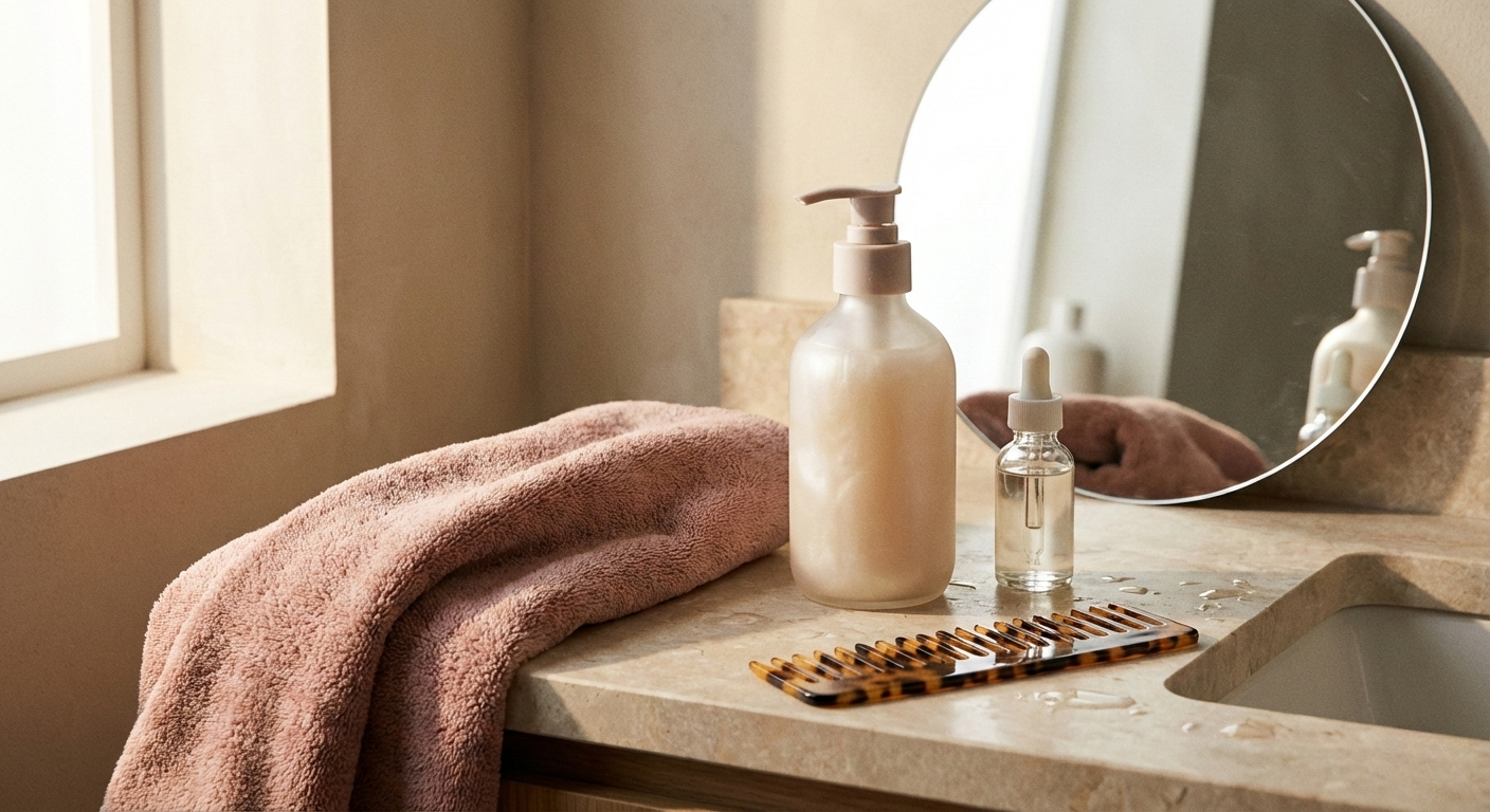 Premium scalp care routine items on a clean vanity for calming dryness and irritation