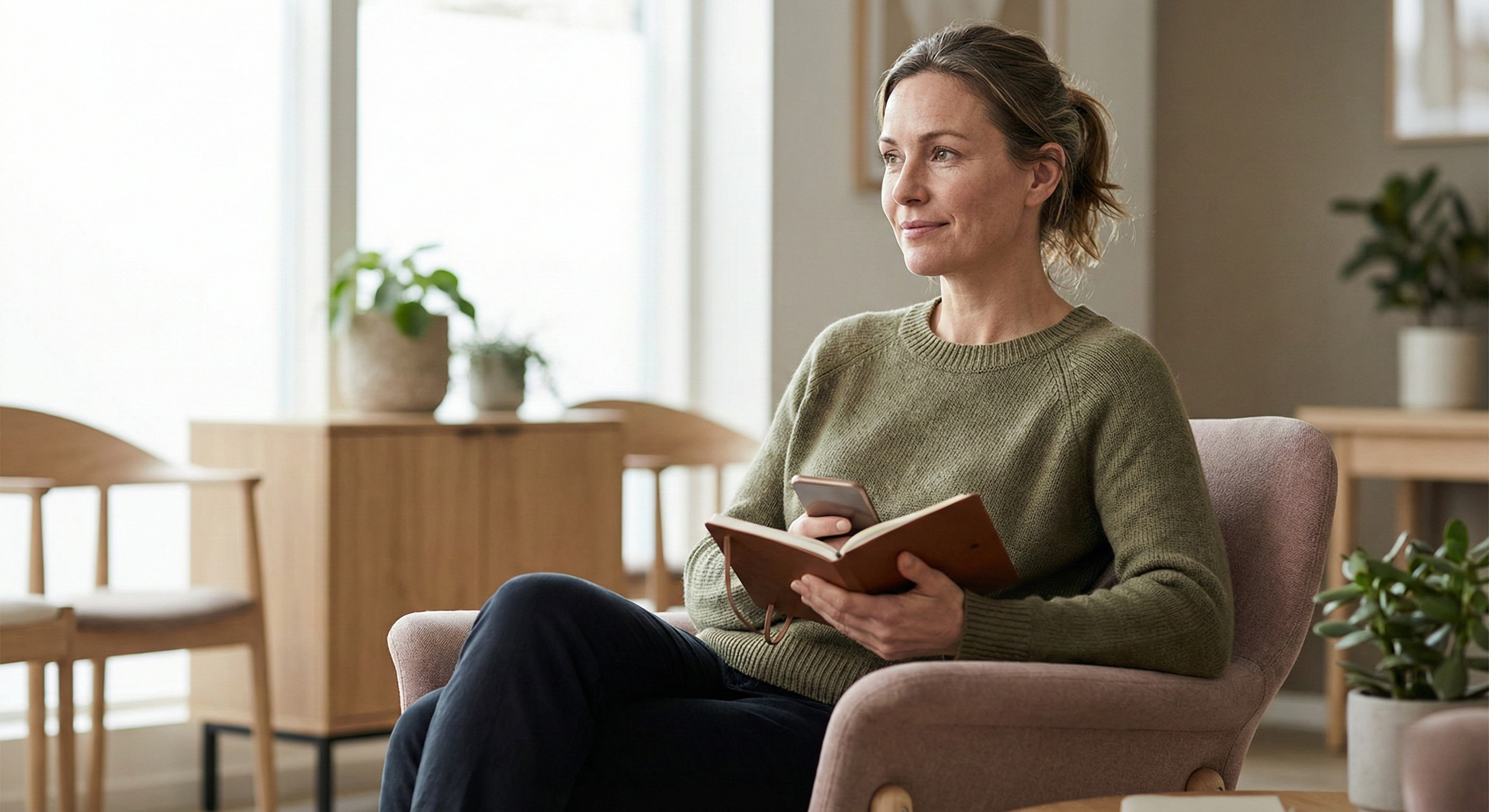 Woman in a clinic waiting room preparing to discuss hair shedding and possible lab testing