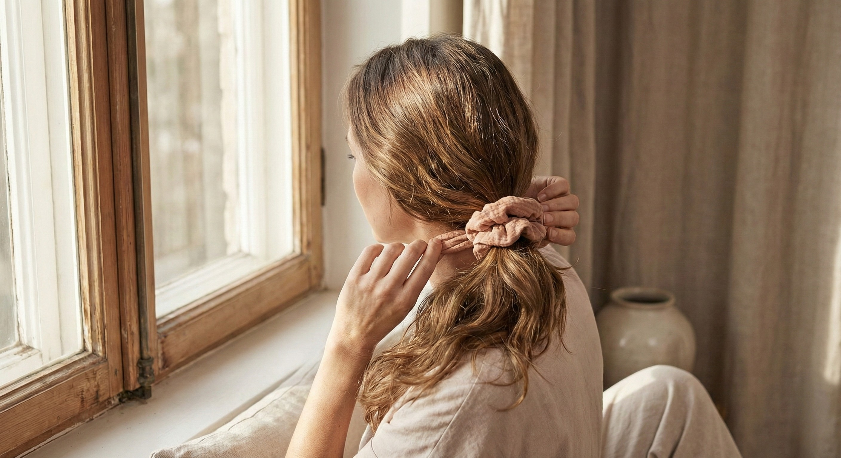 Woman wearing a loose low ponytail with a scrunchie demonstrating low tension styling to prevent breakage
