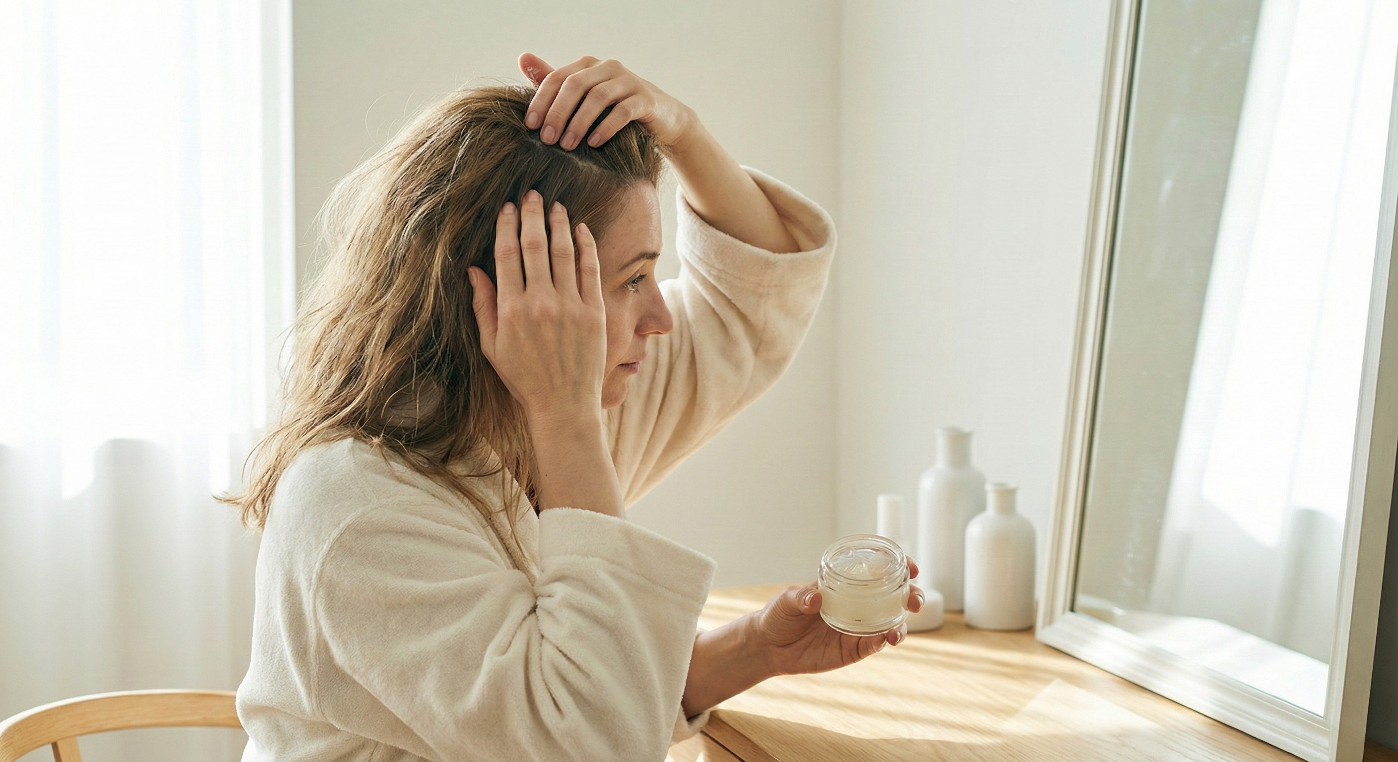 Woman applying volumizing product at the roots to create fuller-looking hair