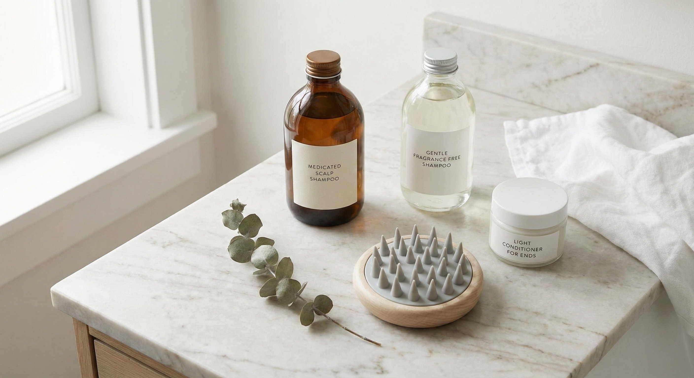 Dermatology style scalp routine flat lay with medicated shampoo, gentle cleanser, and scalp tools on a vanity