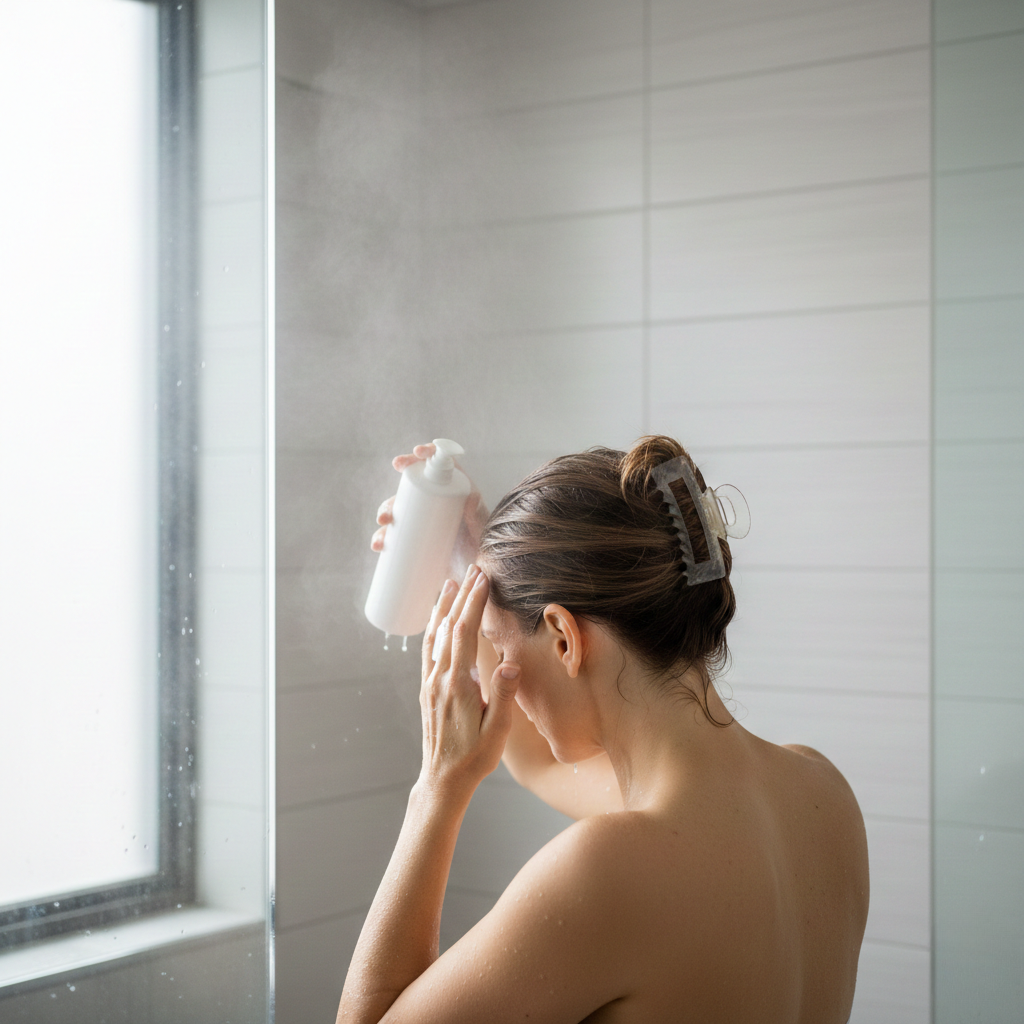Adult woman applying medicated shampoo to scalp roots only in a bright shower scene