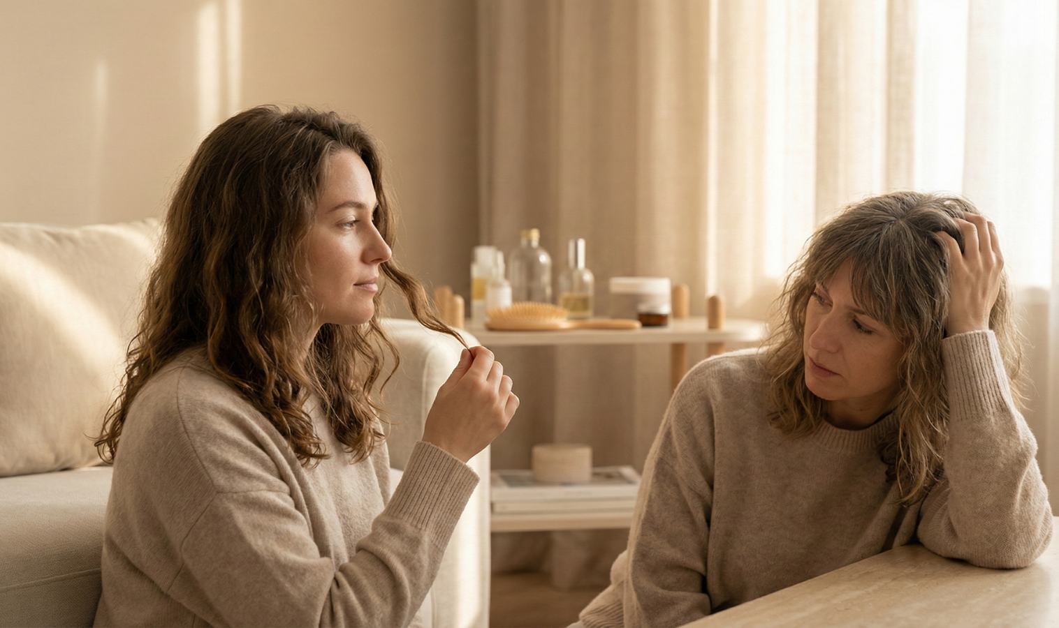 Women showing her hair to a friend