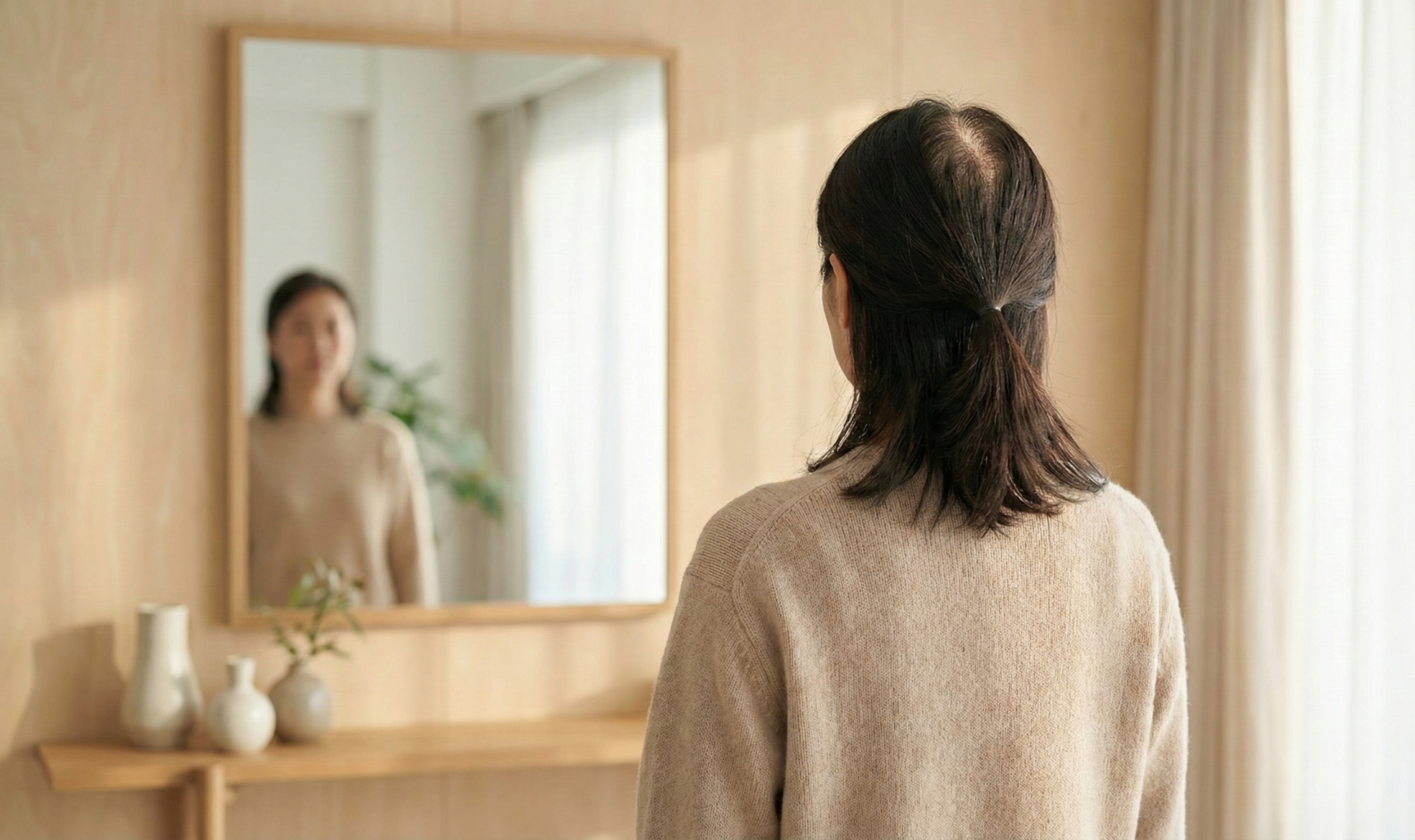 Woman with hair loss at part