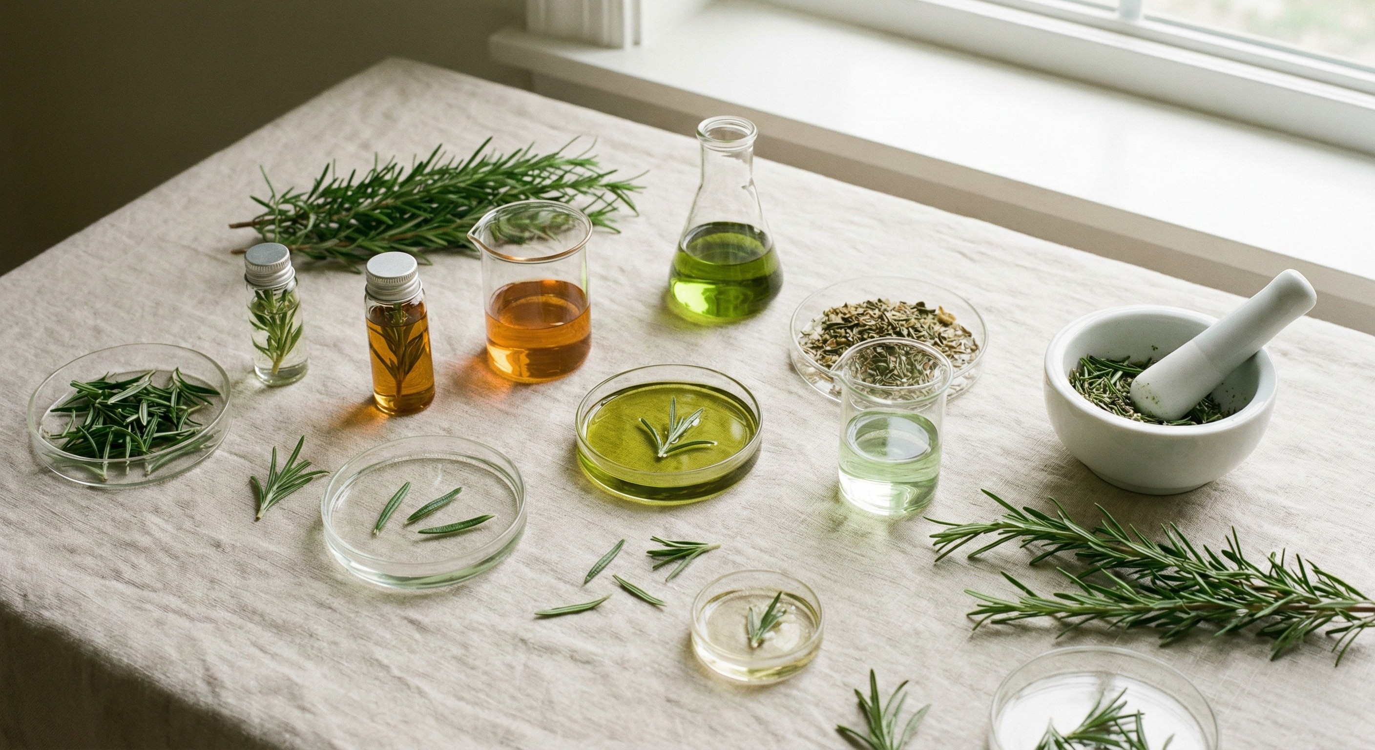 Fresh rosemary leaves and botanical extracts arranged on a clean background, representing natural ingredients used in hair growth and scalp care formulas.