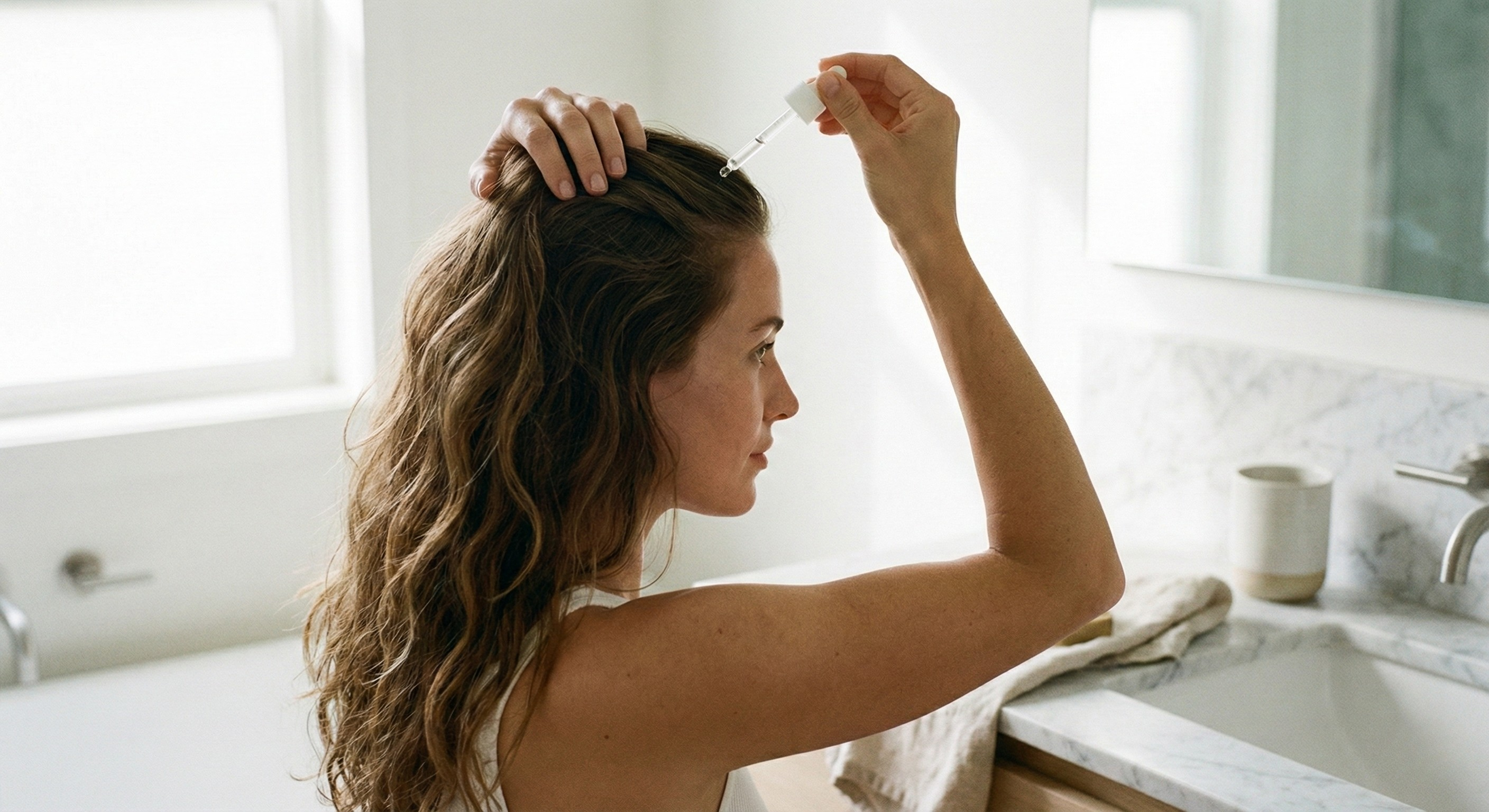 Woman applying clear scalp serum along a part line as a consistent scalp-support routine step