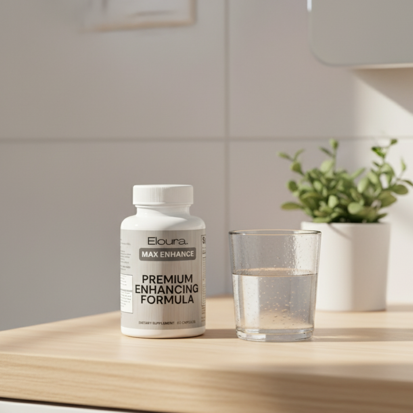 Supplement bottle labeled 'Max Enhance' on a table with a glass of water and a plant in the background.