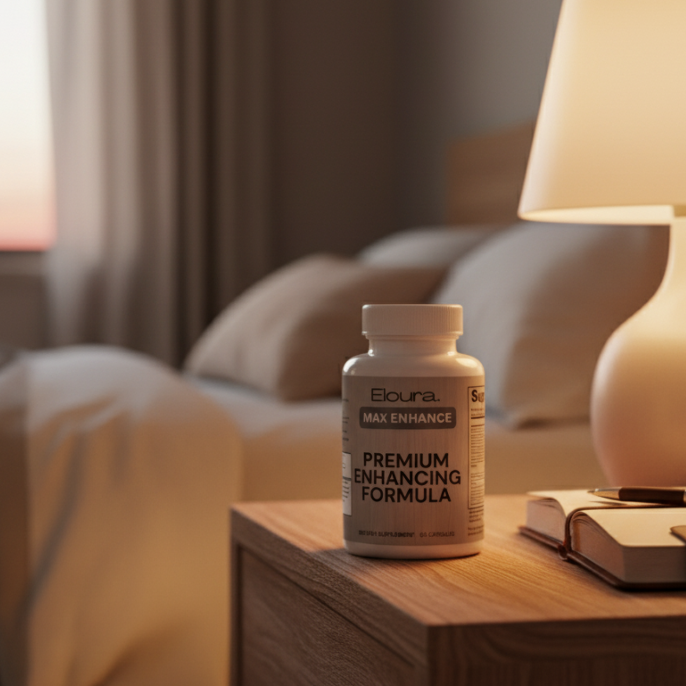 Supplement bottle labeled 'Max Enhance' on a nightstand with a blurred bedroom background