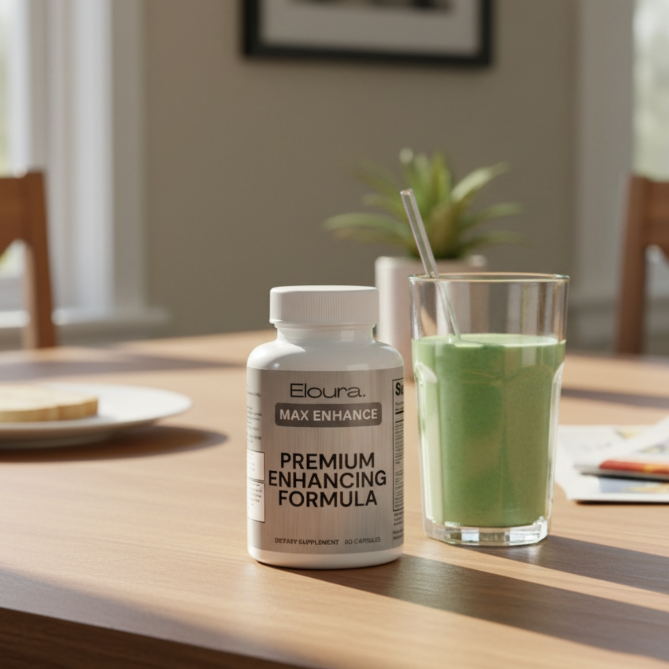 Supplement bottle labeled 'Eloura Max Enhance Premium Enhancing Formula' on a table with a glass of green liquid.