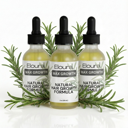 Three bottles of Eloura Max Growth Natural Hair Growth Formula with rosemary leaves on a white background