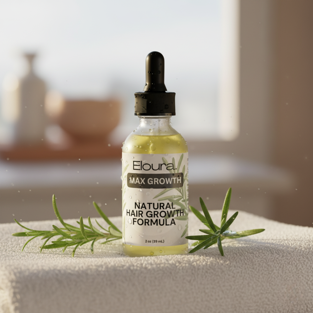 Bottle of Eloura Max Growth Natural Hair Growth Formula with dropper on a surface with green leaves.