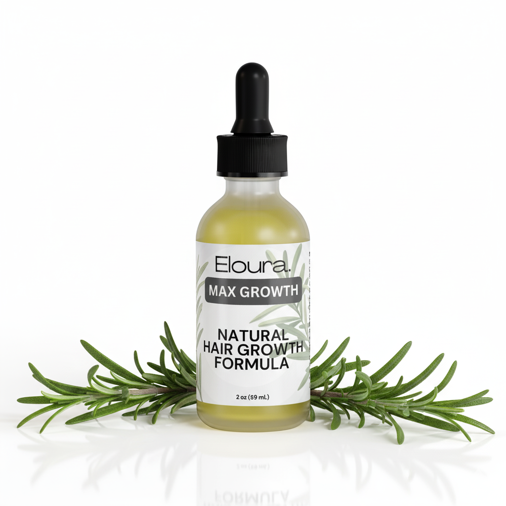 Eloura Max Growth natural hair growth formula bottle with dropper and rosemary leaves on a white background