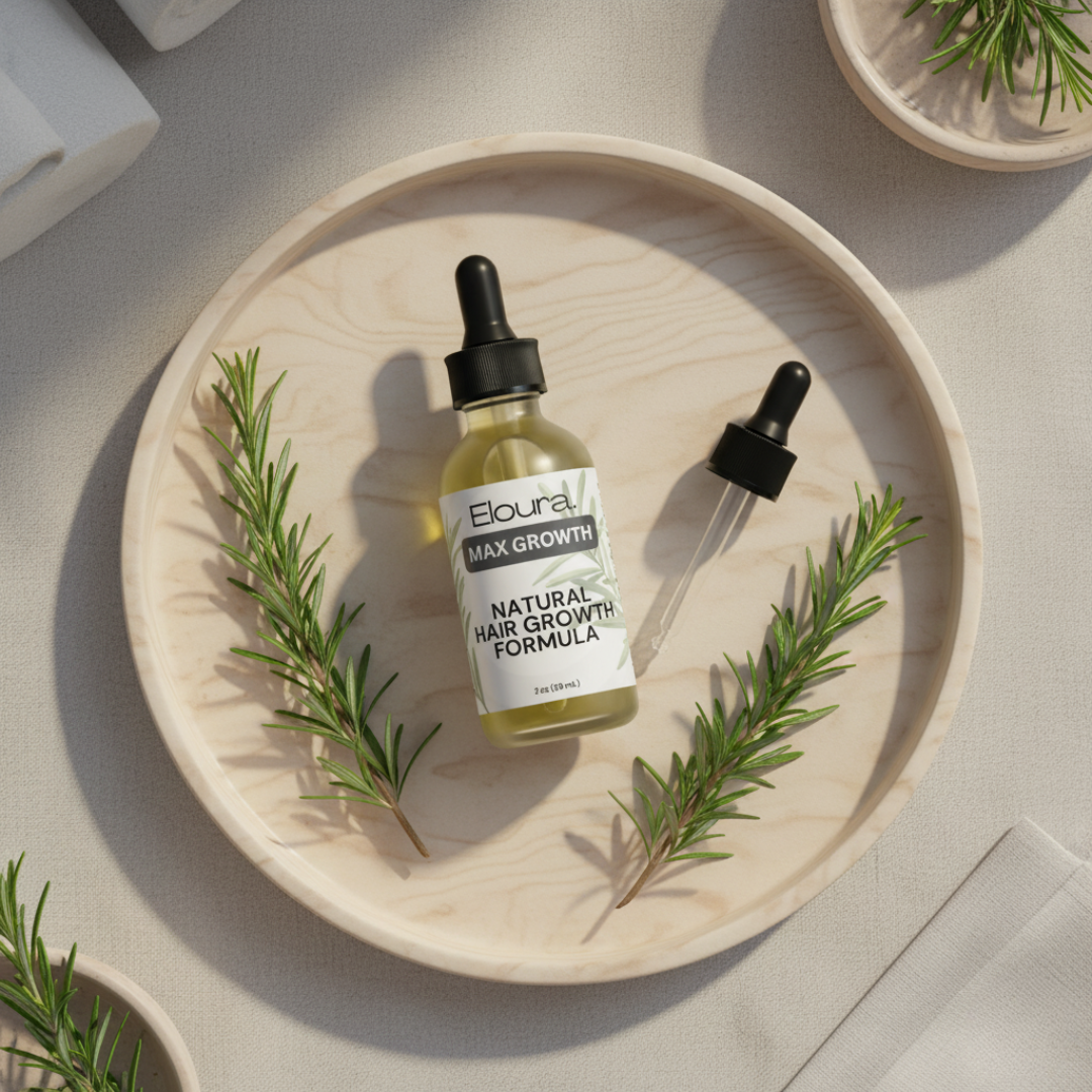 Bottle of natural hair growth formula with dropper on a wooden plate surrounded by rosemary leaves.