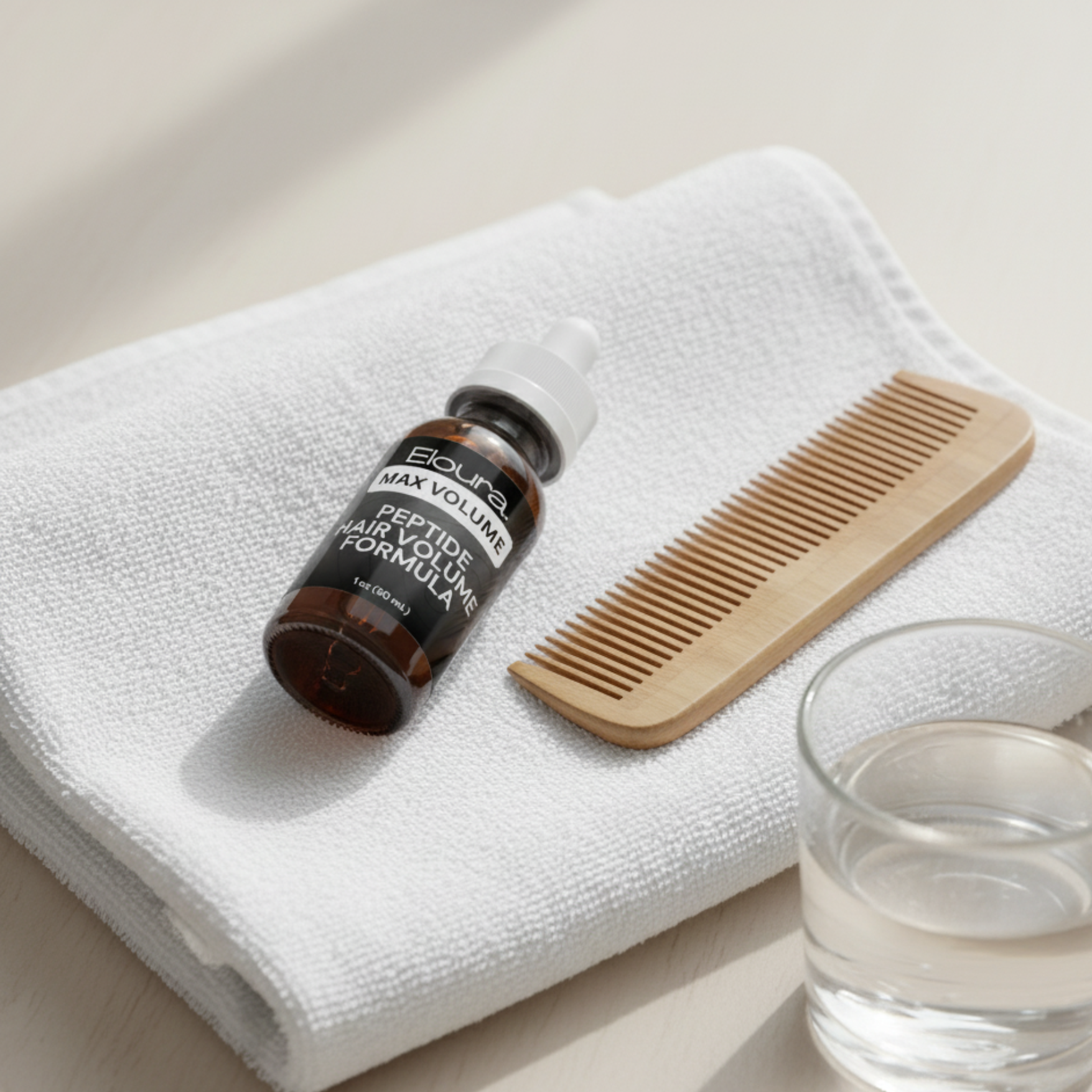 Bottle of hair volume formula, wooden comb, and glass of water on a towel