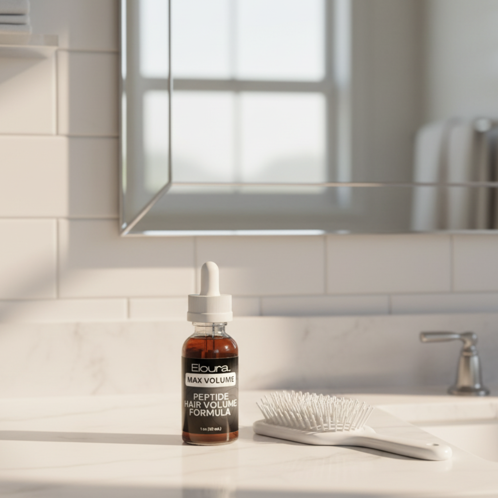 Bottle of Eloura Max Volume Peptide Hair Volume Formula on a bathroom counter with a mirror in the background.