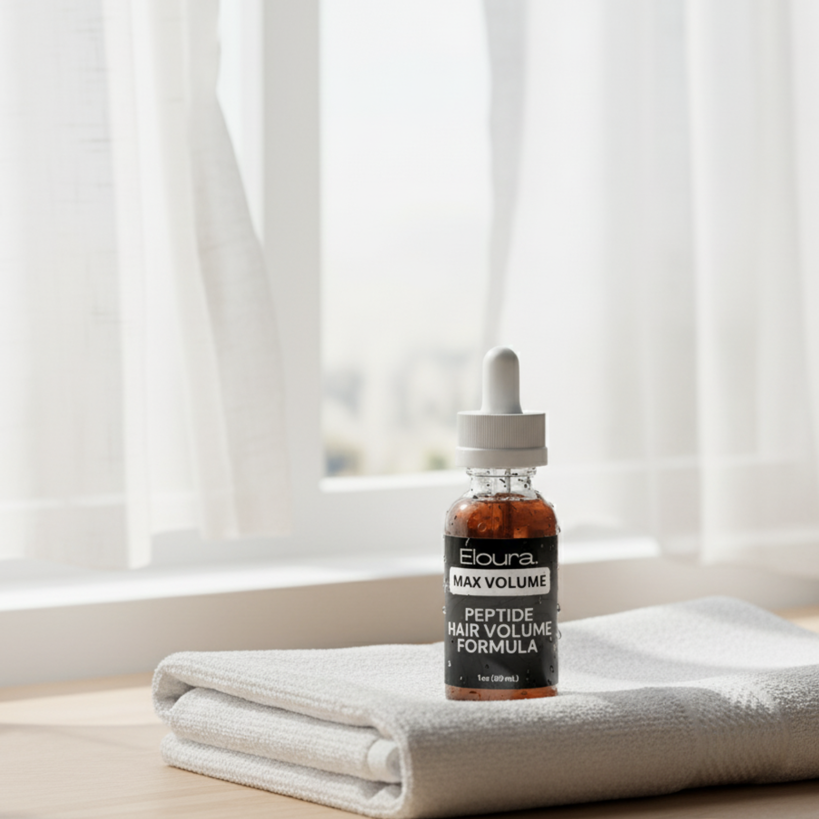 Bottle of Eloura Peptide Hair Volume Formula on a towel with a window in the background