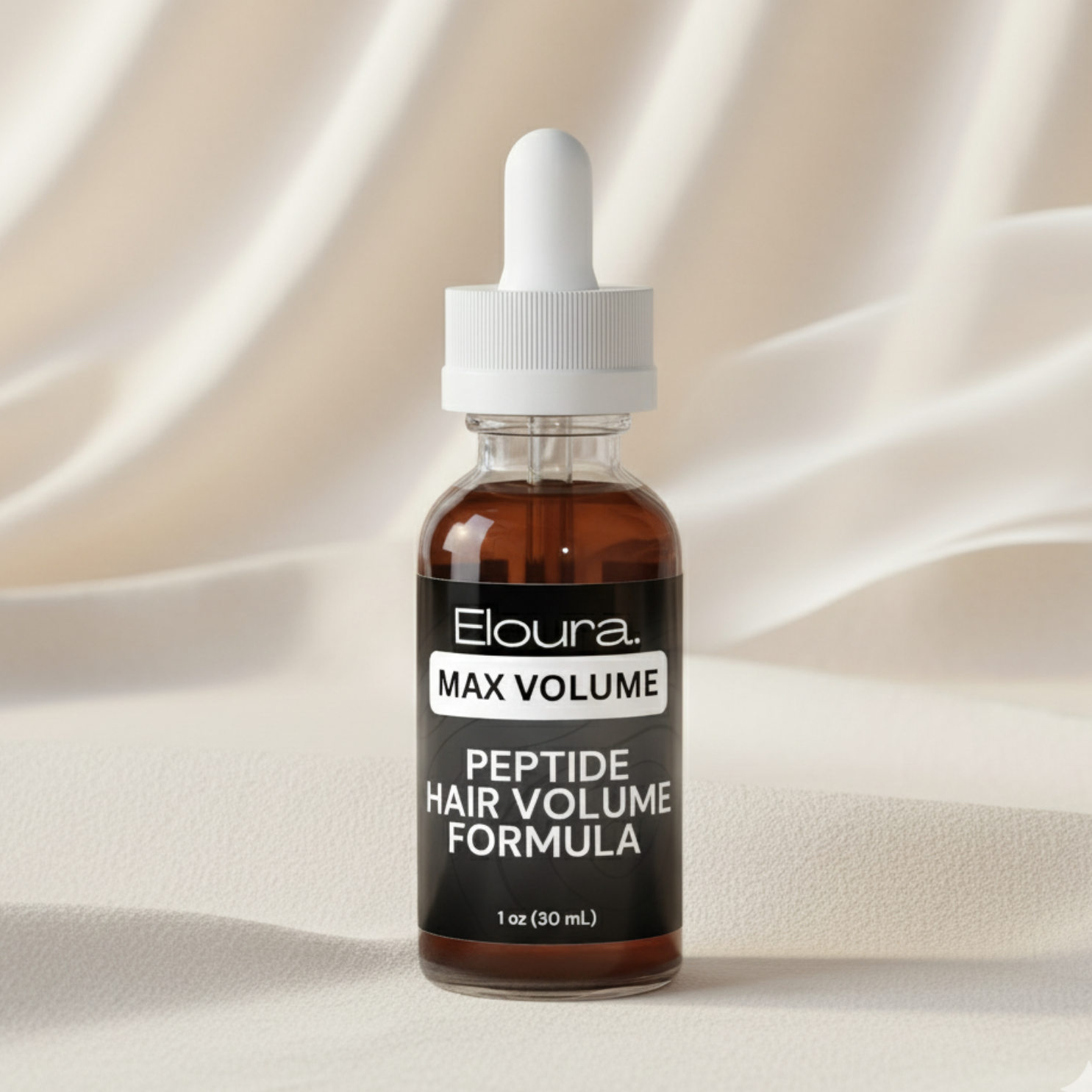 Bottle of Eloura Max Volume Peptide Hair Volume Formula on a beige background