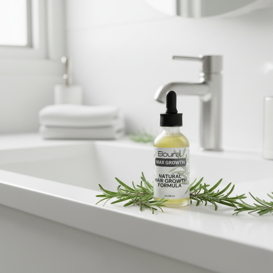 Hair growth formula bottle with rosemary on a bathroom counter