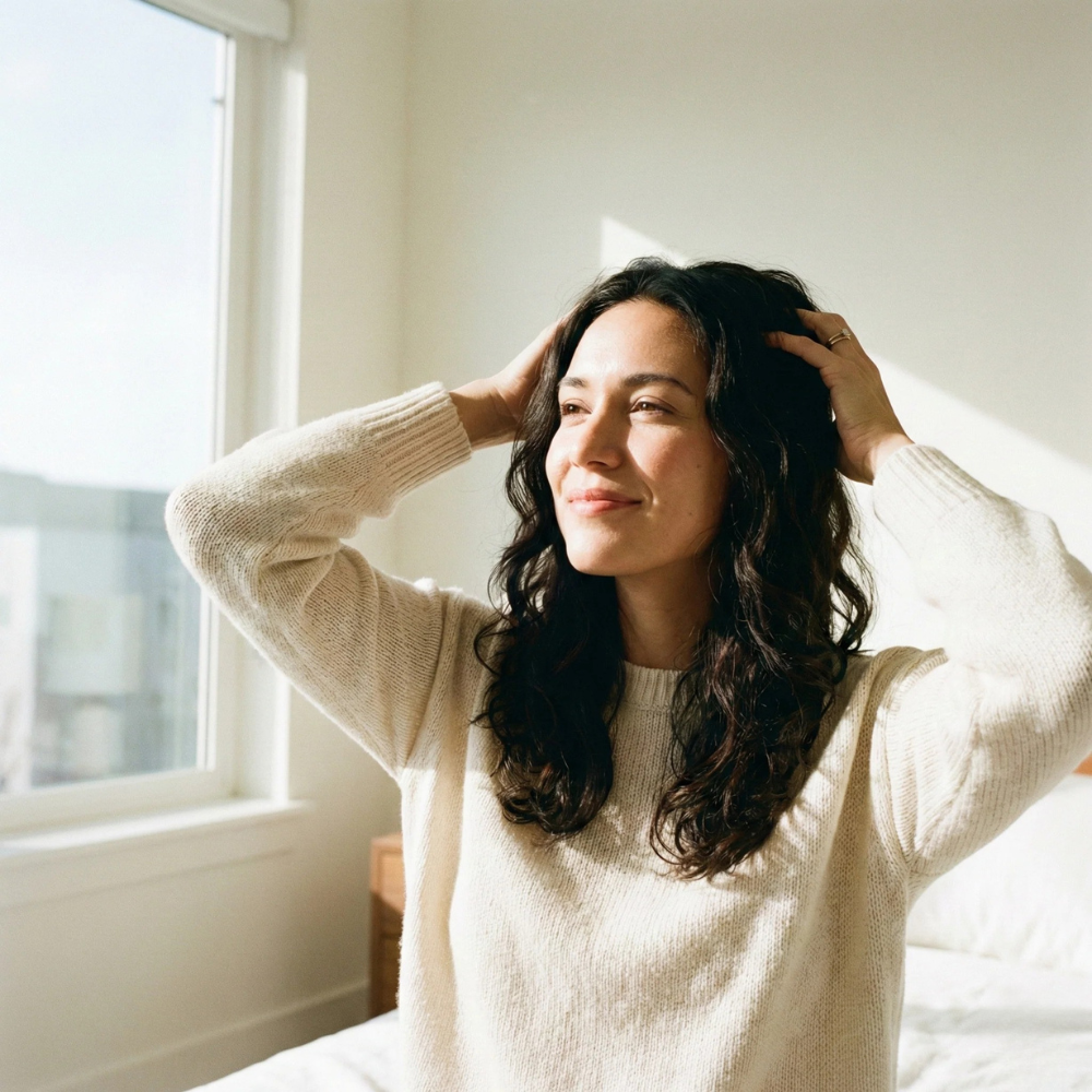 Women touching her healthy hair