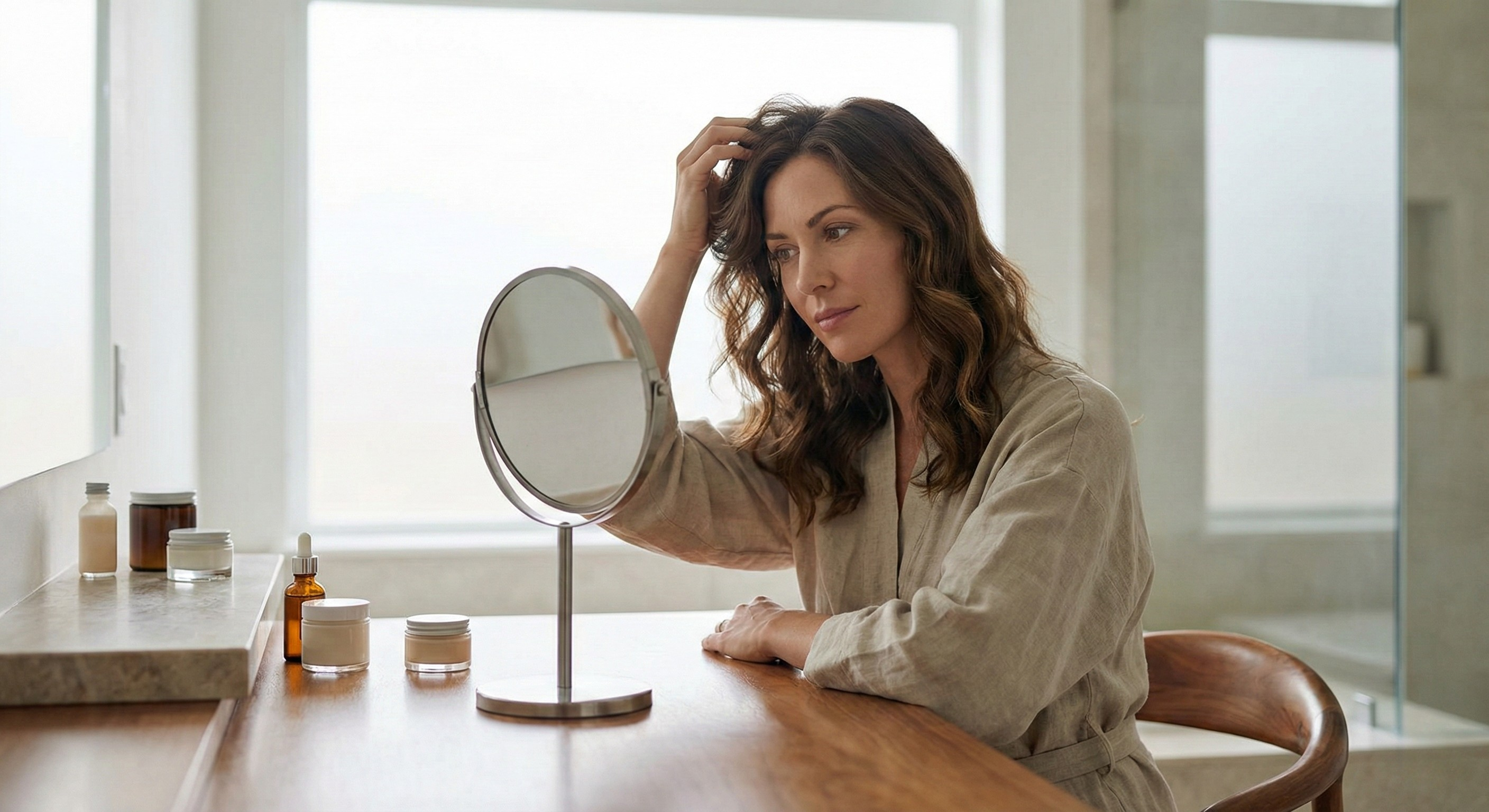 Woman examining scalp in mirror while seeking a hair treatment for hair loss and regrowth support