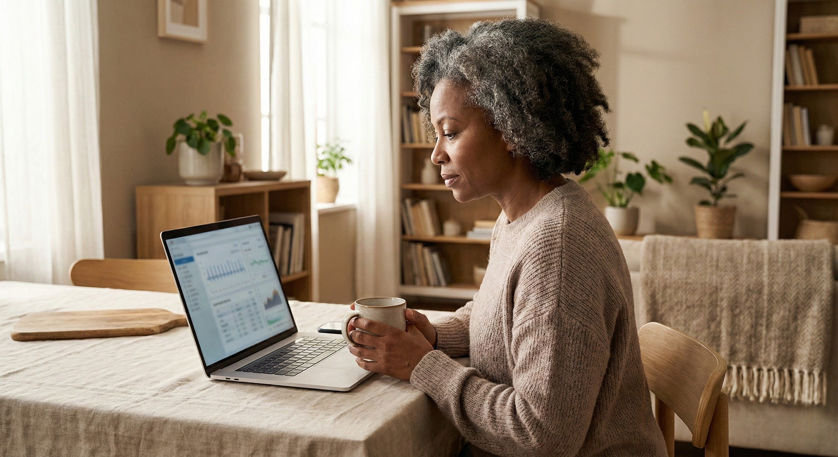 Woman reviewing lab results on a laptop at home while investigating causes of persistent hair shedding