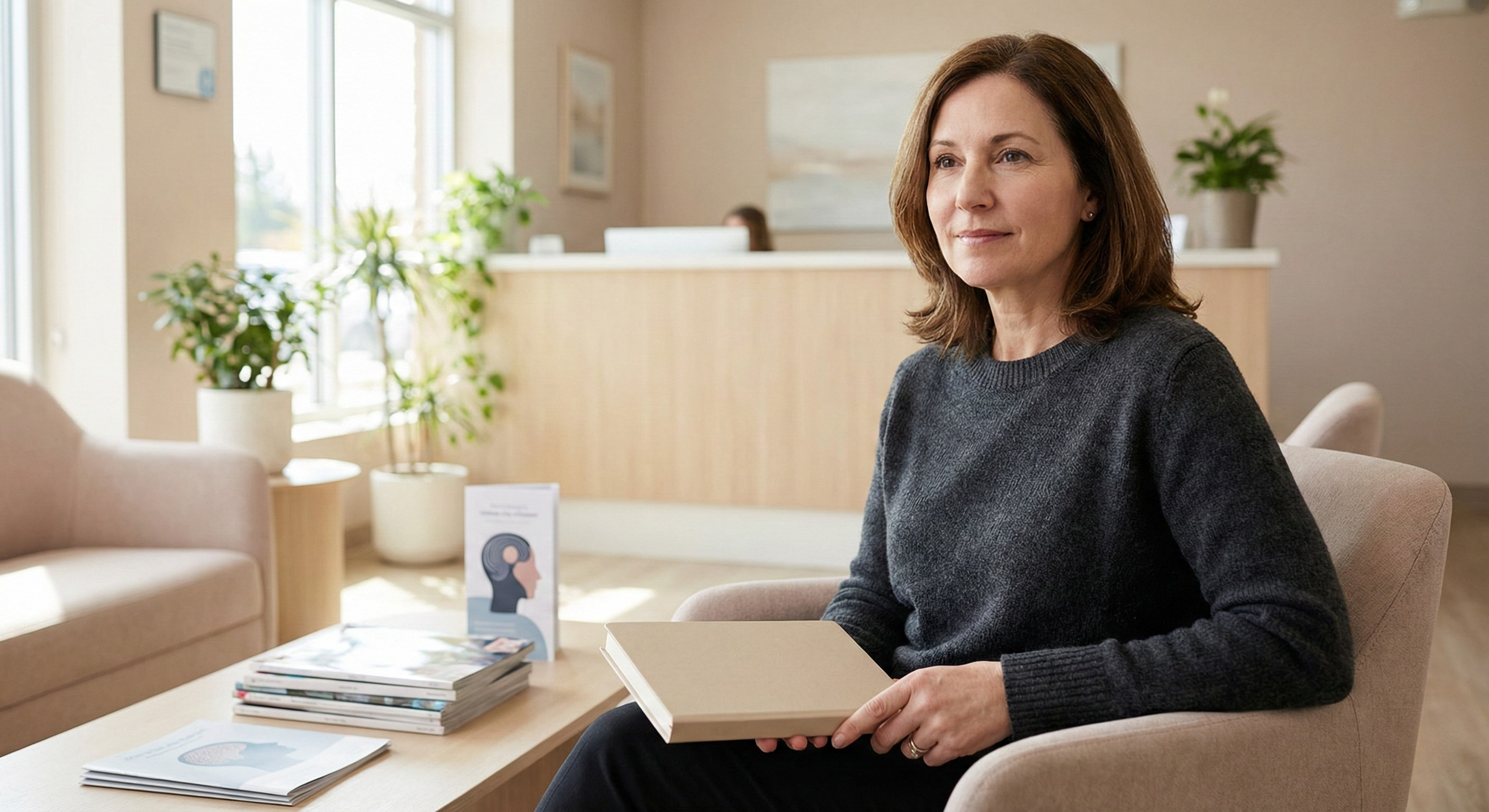 Woman in clinic waiting area preparing for a hair loss consultation with a specialist