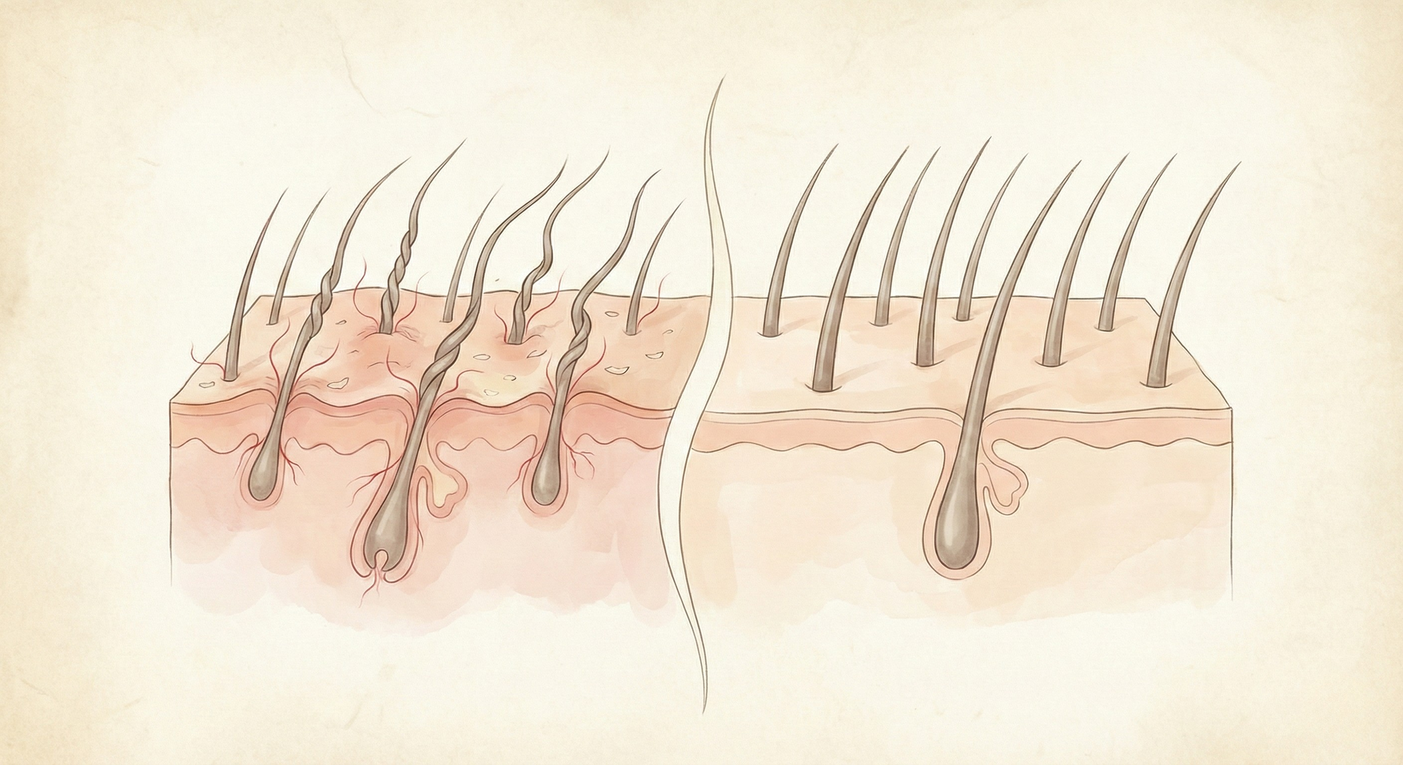 Comparison illustration of an inflamed scalp versus a calm, balanced scalp, showing how scalp inflammation can affect hair follicles.