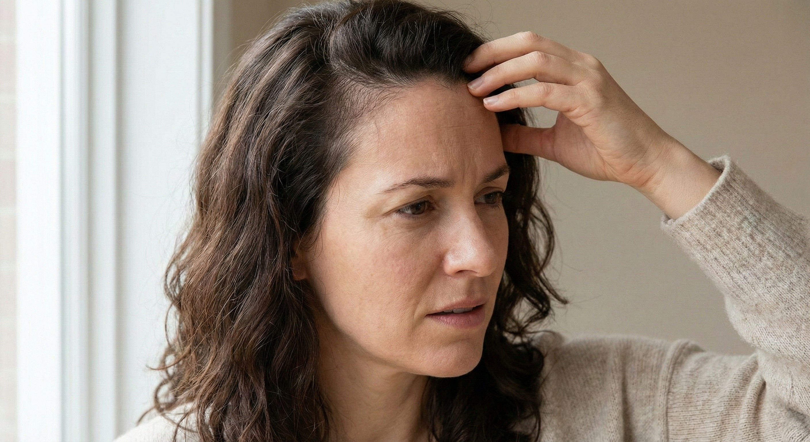 Close-up of a woman touching her temple hairline with subtle edge thinning