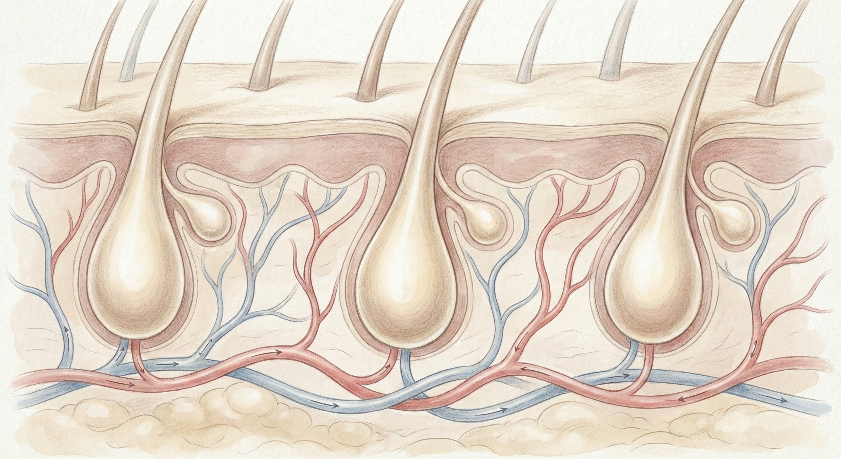 Illustration showing scalp blood circulation and hair follicles beneath the skin, highlighting how improved circulation supports healthy hair growth.