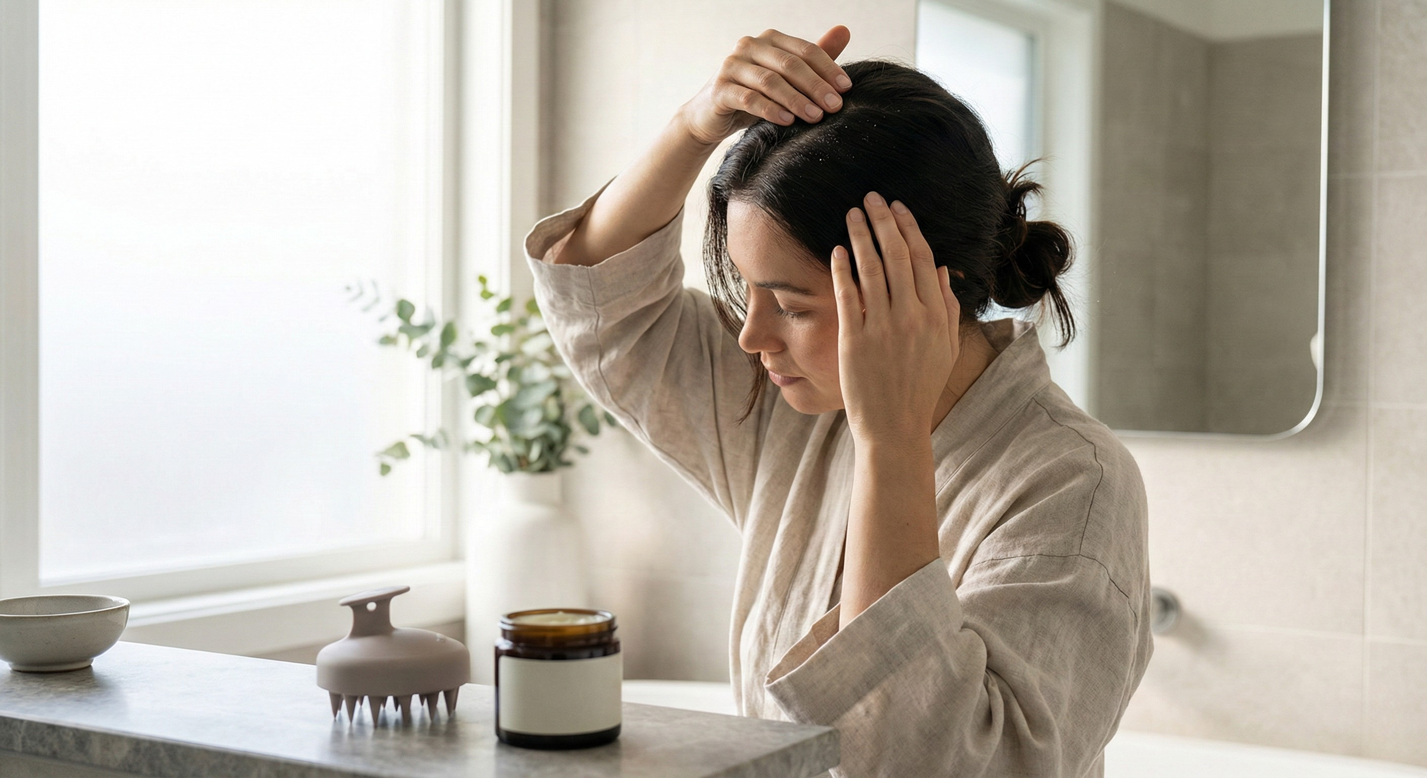 Woman showing mild scalp flaking with scalp massager and gentle treatment on clean counter